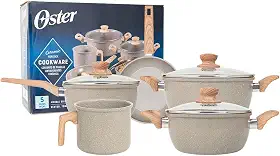 OSTER JOGO DE PANELAS E LEITEIRA MARBLE EDITION CINZA DUST – 5 PEÇAS COM REVESTIMENTO CERÂMICO ANTIADERENTE, ALÇAS EM SILICONE ANTITÉRMICO E BASE COMPATÍVEL COM INDUÇÃO
