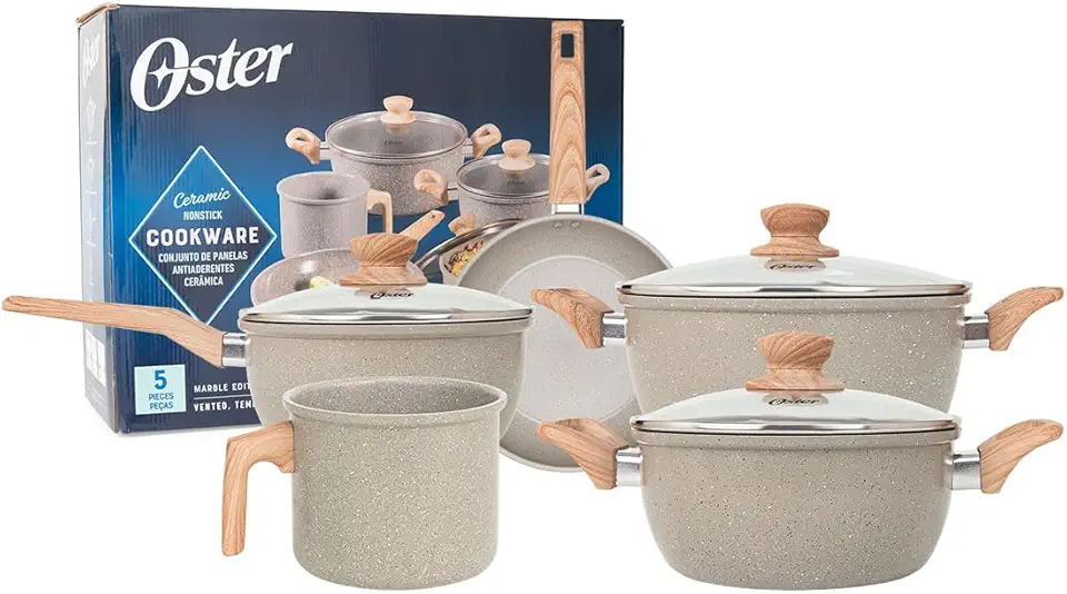 OSTER JOGO DE PANELAS E LEITEIRA MARBLE EDITION CINZA DUST – 5 PEÇAS COM REVESTIMENTO CERÂMICO ANTIADERENTE, ALÇAS EM SILICONE ANTITÉRMICO E BASE COMPATÍVEL COM INDUÇÃO