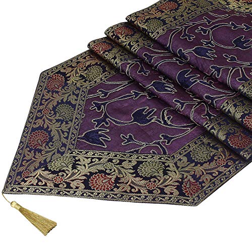 Image of Ari Zari Embroidery Table Runner for ining Table 6 Seater 72IN Indian Satin Traditional Long Runner Up with Tassels Tablecloth for Room & Runner (Navy Blue)