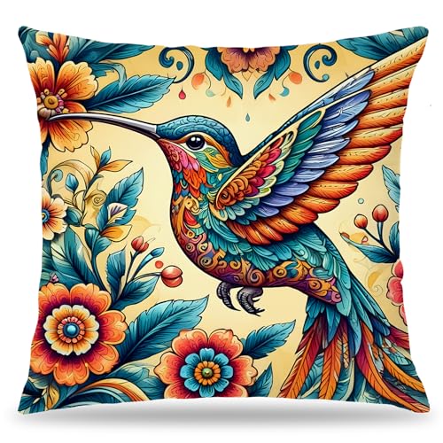 LUKIPOM Gorgeous Hummingbird Pillow Covers 18x18, Bird Decor for Home, Colorful Fantastic Humming Bird Wildflower Decorative Throw Pillow Covers, Hummingbird Gifts for Women