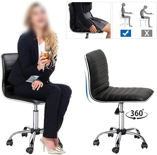 Miniatura 6 de Yaheetech Juego de 2 sillas de trabajo ajustables de piel sintética con respaldo bajo, acanaladas, sin brazos, giratorias, negras, sillas de