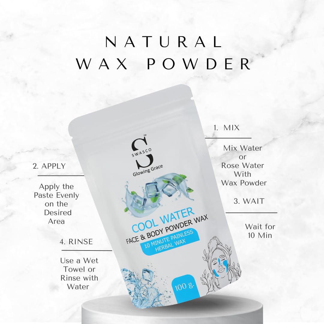 SWASCO Wax Powder for Hair Removal | Herbal Wax with Mint & Multani Mitti 100g | Painless, Chemical-Free Waxing for Face, Body, Bikini, Underarms & Legs|For All Skin Types of Women & Men (COOL WATER) 3