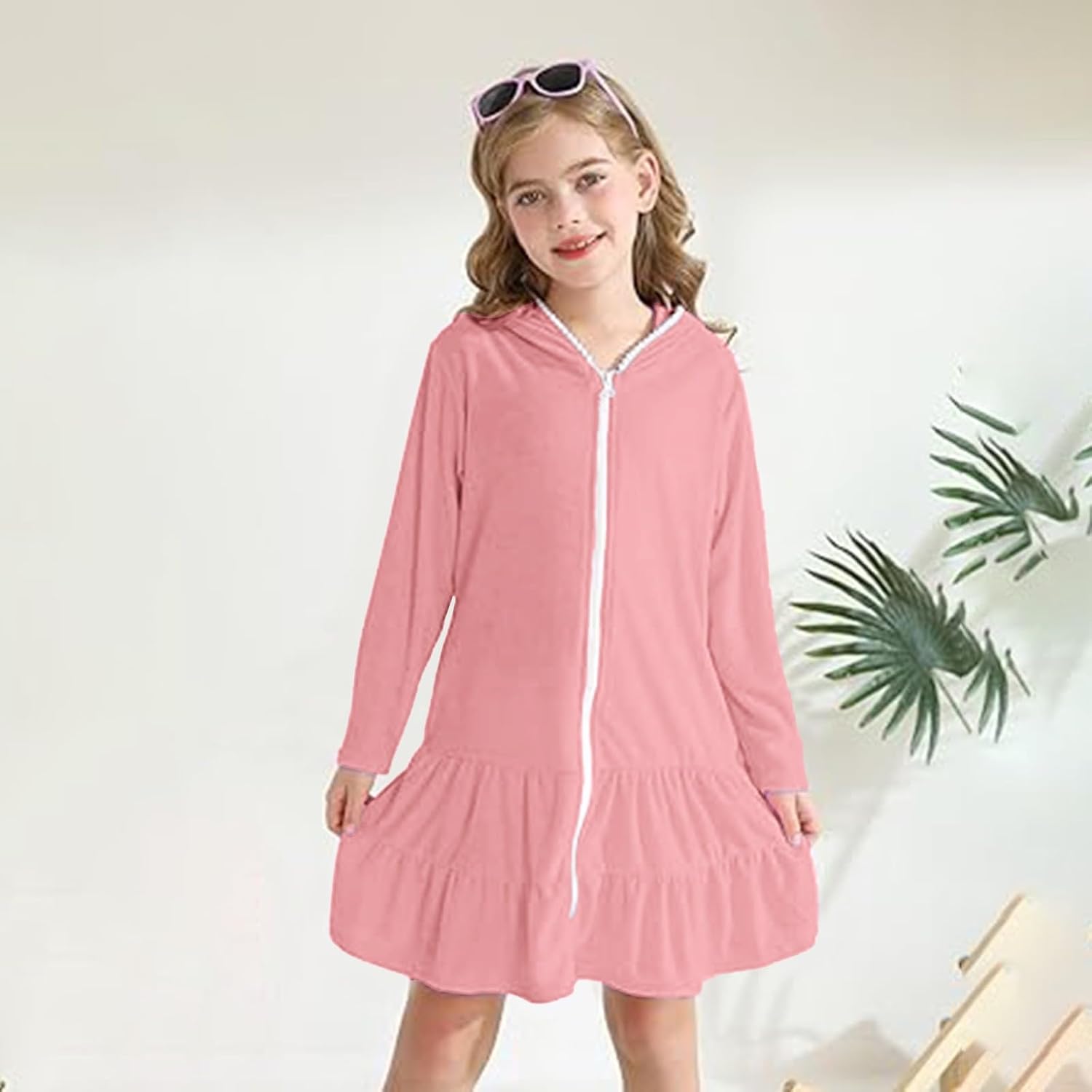 Swim Cover Up for Girls Long Sleeve Hooded Zipper Rash Guard Shirts Swimwear Kids Pool Beach with Pockets