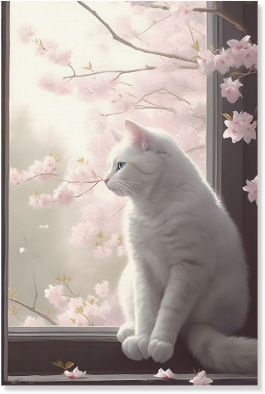 Afusvoe White Cat Looking at Pink Tree Canvas Wall Art HD