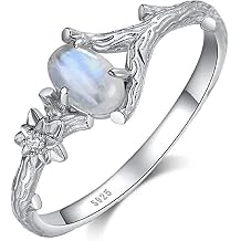 HUKQBUNX 925 Sterling Silver Natural Moonstone Ring Feminine Branch Flower Lady Shiny Wedding Engagement Ring Birthday Party Ring Size 6-10 Size 6