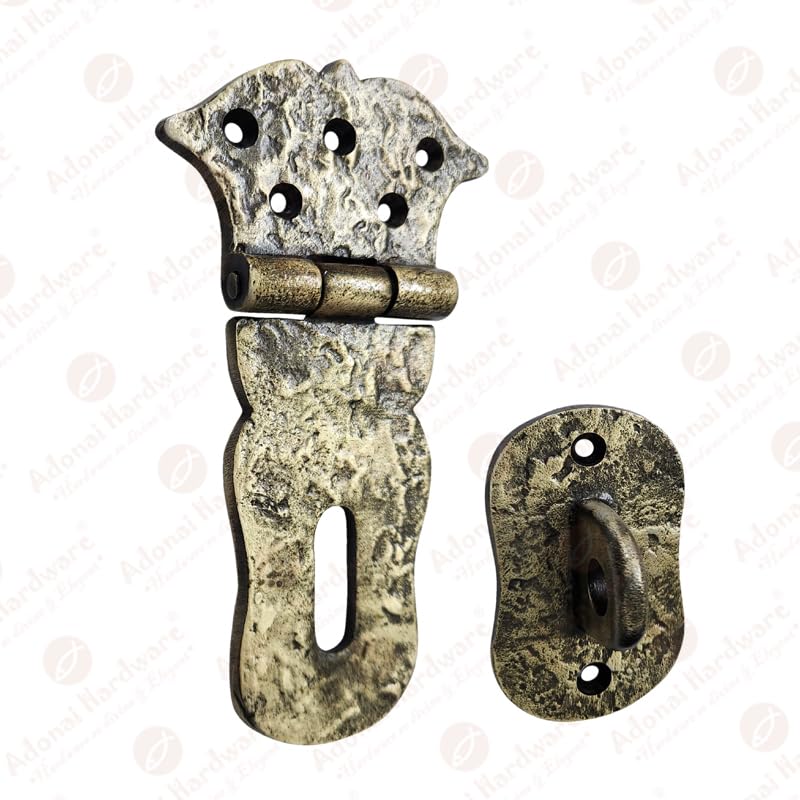Image of Adonai Hardware inchParan inch Heavy Duty Cast Iron Safety Locking Hasp and Staple (6 inch x 1 Pack, Antique Brass) for Vintage Pirates Treasure Chest, Trunks, Wooden Jewelry Box, Cases, Furniture and Sheds