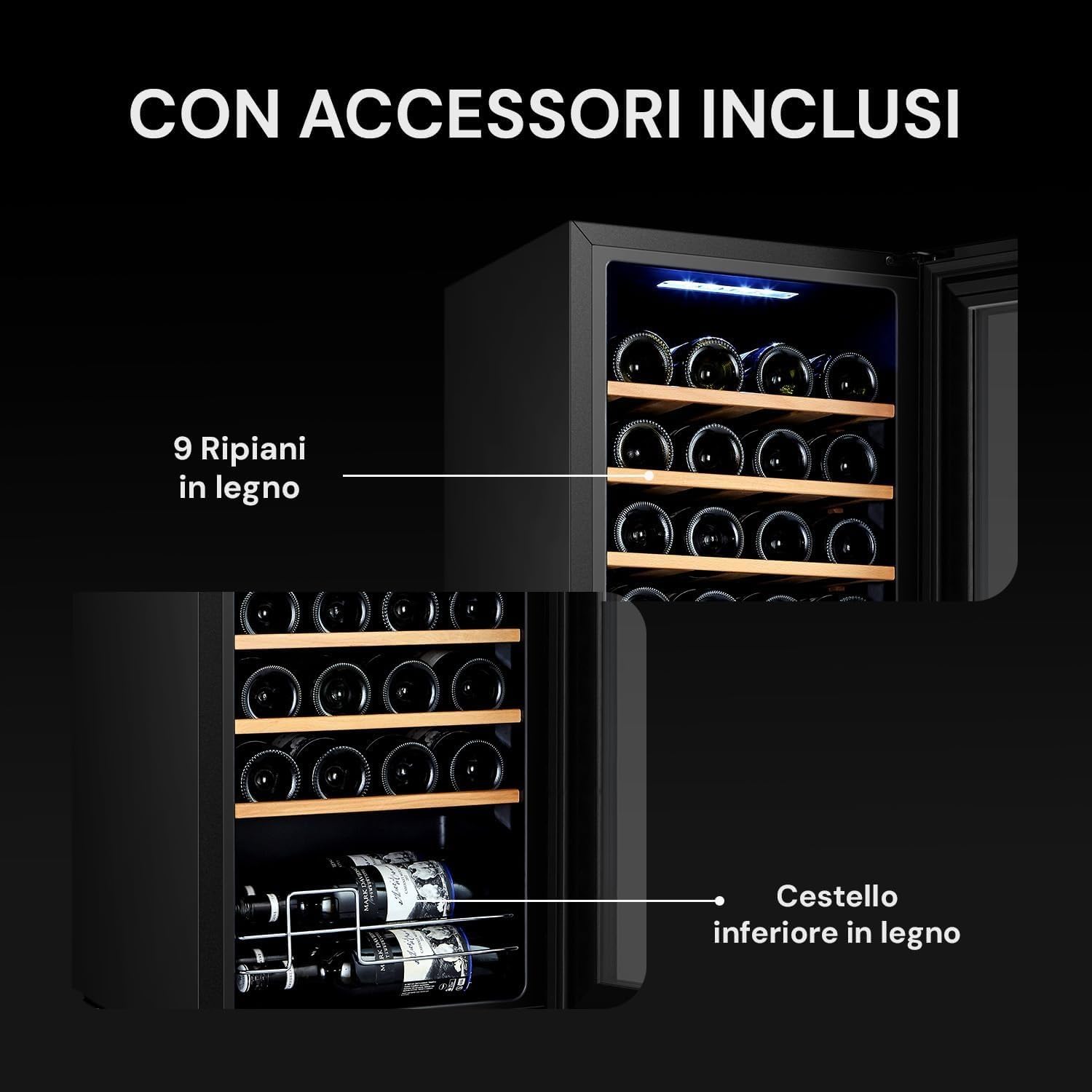 Cantinetta per Vino da 44 Bottiglie con Doppia Zona di Raffreddamento - Frigorifero per Vini 130L Temperatura regolabile da 5 a 18 °C - Wooler8 Frigo Bar Design Moderno - Ideale come Regalo di Natale