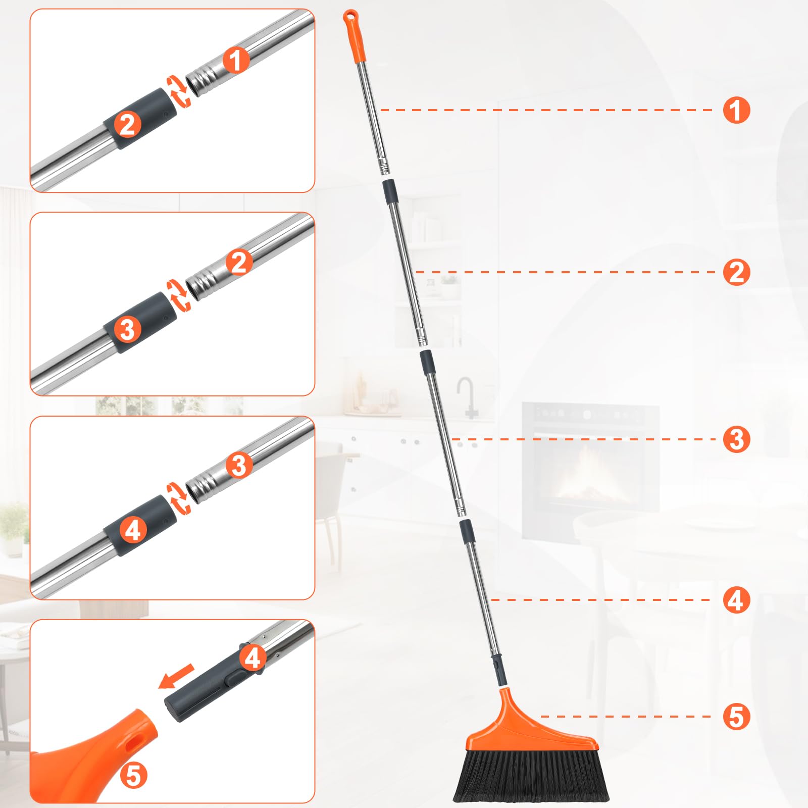 Paquete de 4 escobas angulares resistentes para limpieza de suelos con cabezal de 12 pulgadas de ancho y mango largo de 52 pulgadas para interiores y exteriores, para habitación, garaje, cocina,