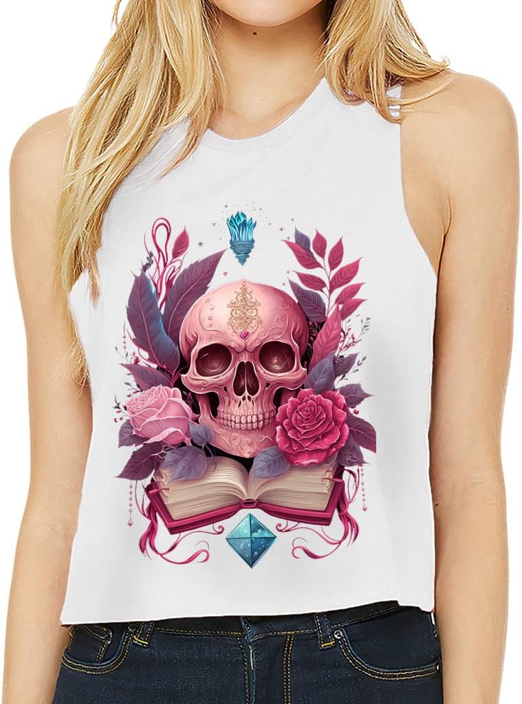 Skull Print Racerback Cropped Tank - Flower Women's Tank - Book Design Tank Top - White, M