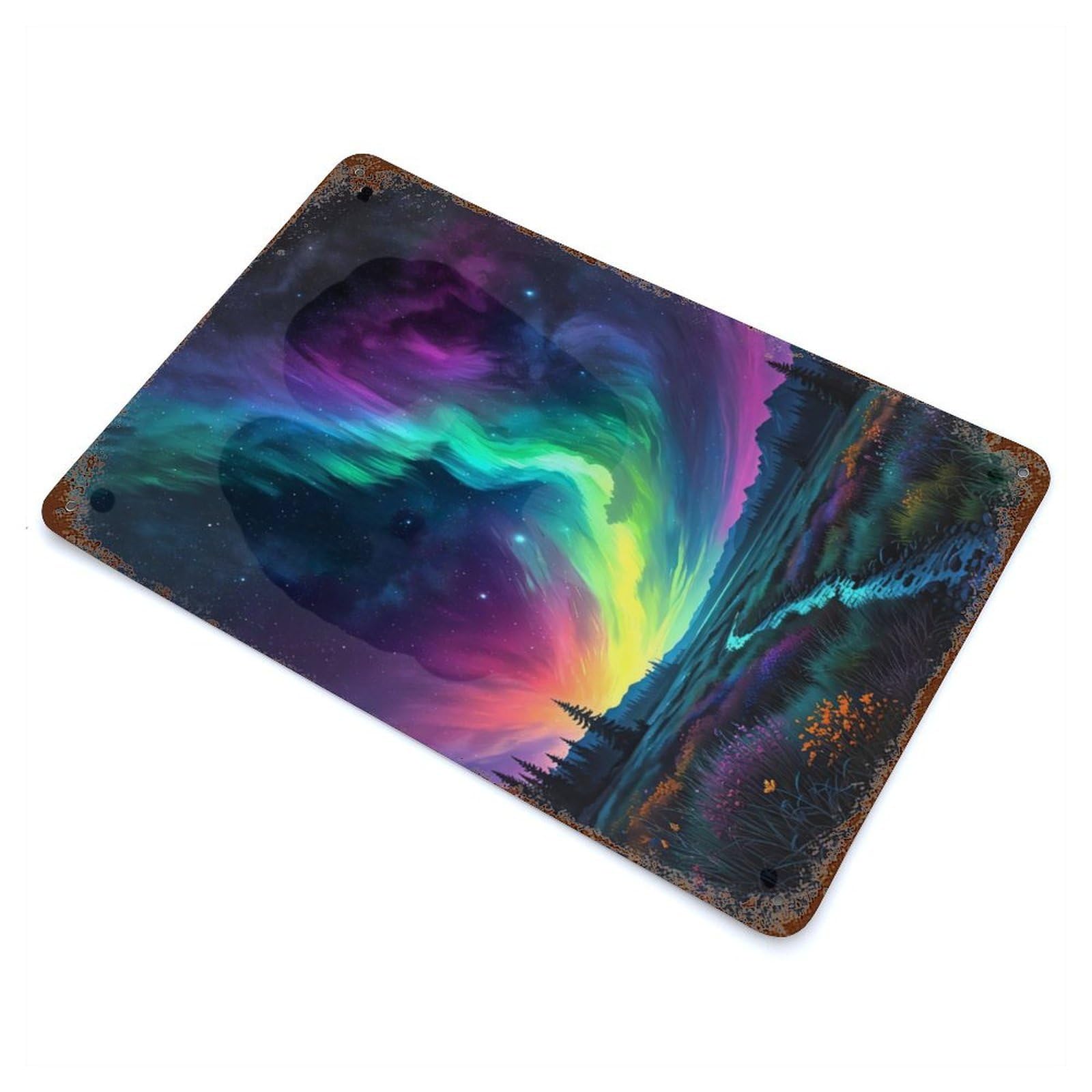 Rainbow Aurora Sky Rust Effect Tin Sign 11.8"x7.9", Ideal for Garage, Bar And Workshop Decor