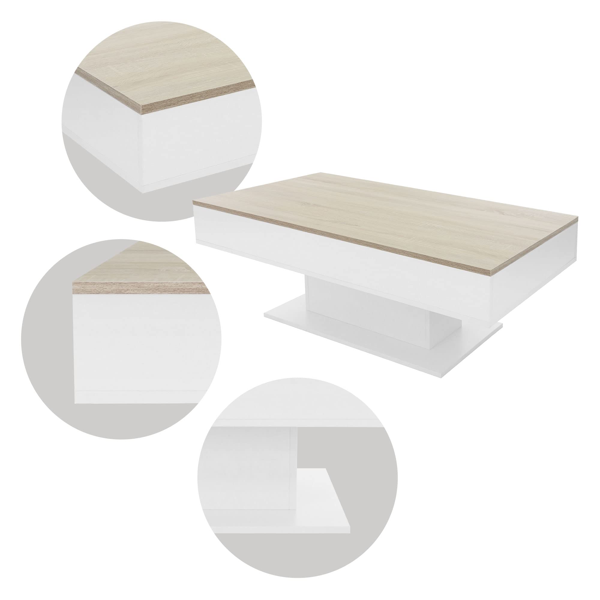 ML-Design Tavolino da Salotto con 2 Scomparti Sotto il Piano Scorrevole Legno MDF Bianco/Aspetto di Legno Quercia 110 x 60 x 40 cm Tavolo da Caffè per Soggiorno con Spazio di Archiviazione