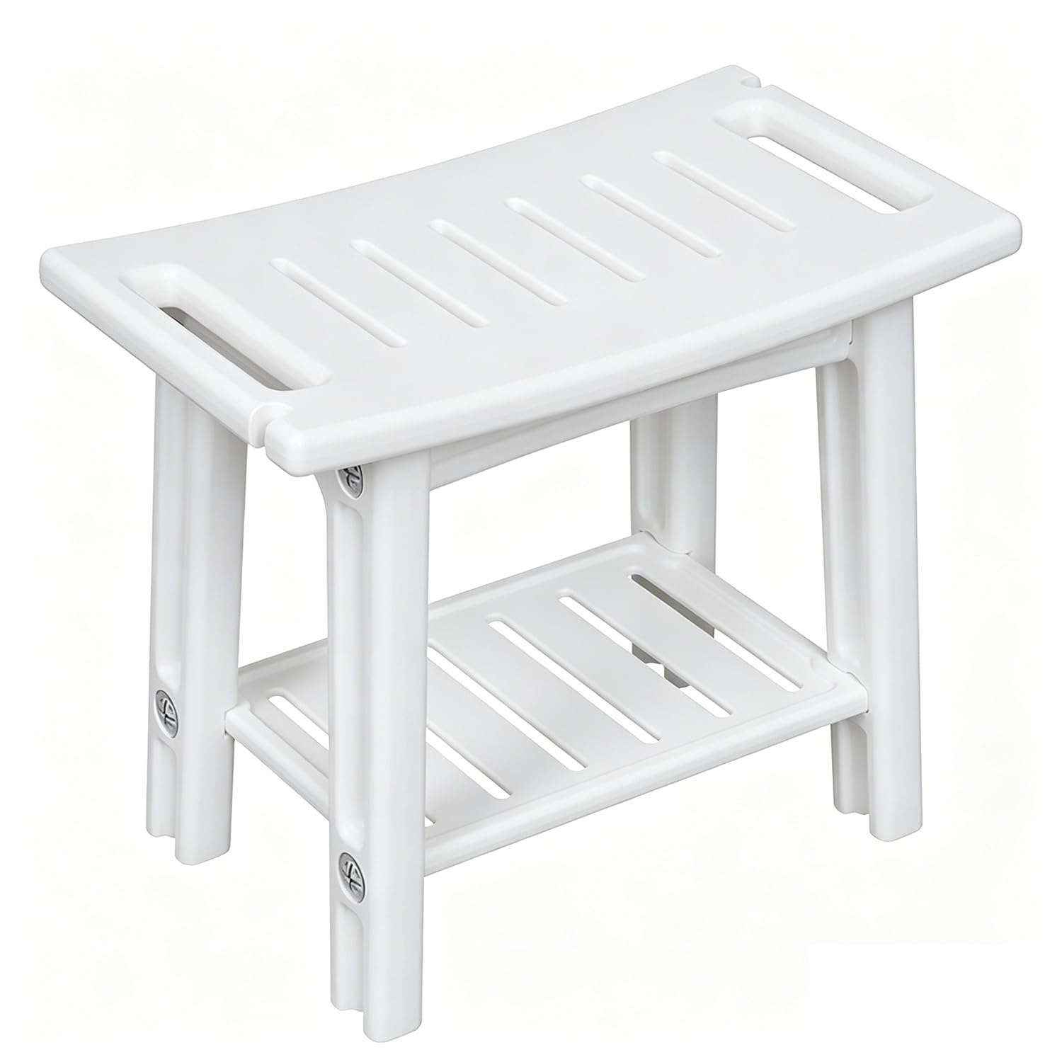 Taburete Ducha，Asiento Impermeable con Estante para Baño, Banco Antideslizante para Interior y Exterior,Asiento de Ducha con Soporte para Cabezal de Ducha,Blanco (Blanco)