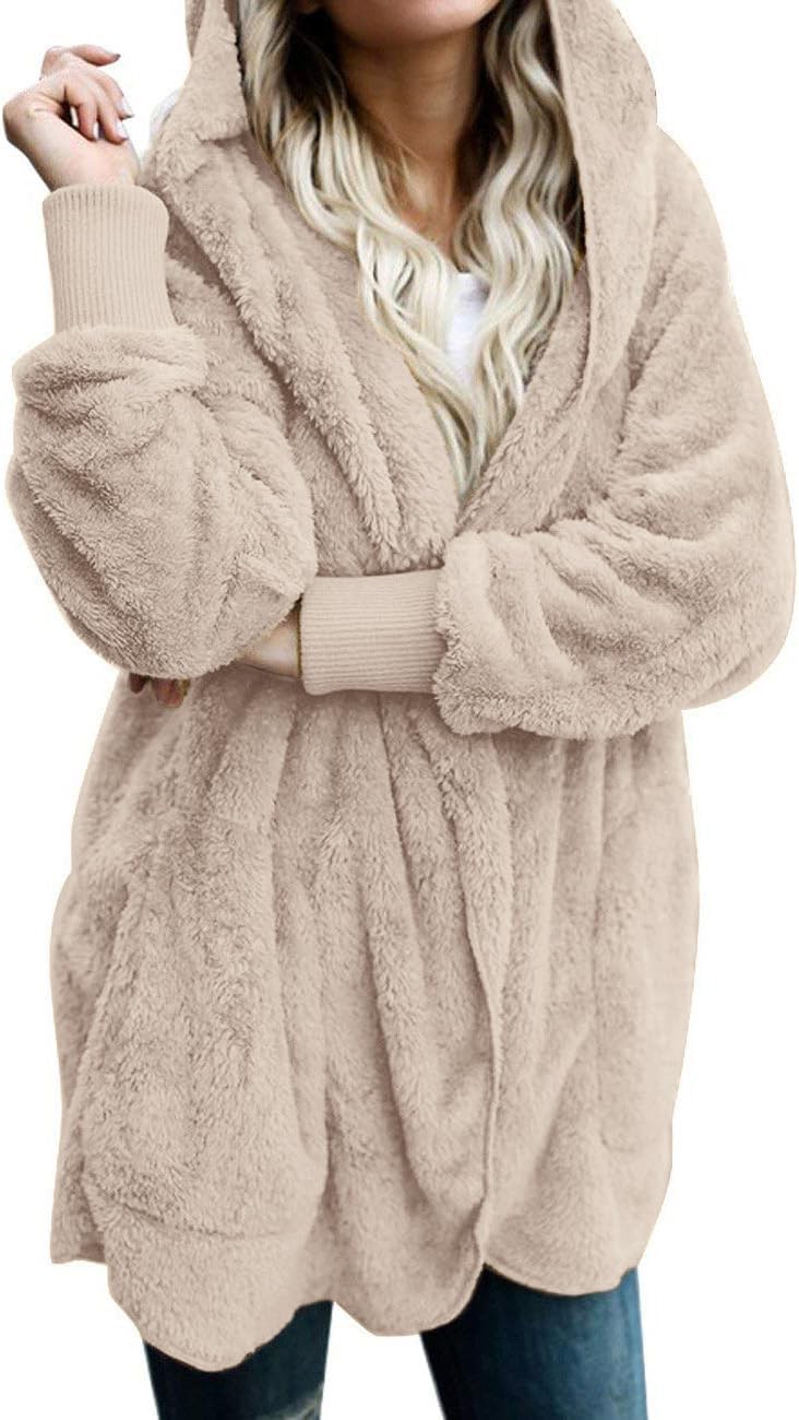 CHICGAL Womens Fuzzy Jacket Hooded Cardigan Open Front Sherpa Coat Outwear with Pockets - Image 5