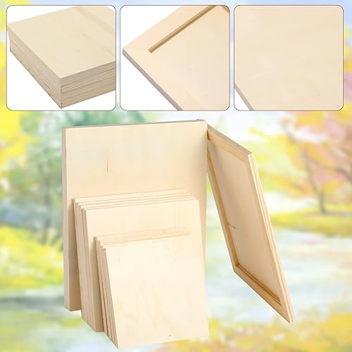 Miniatura 33 de Tableros de lona de madera sin terminar, paneles de pintura para pintar, dibujar, decoración del hogar (12 piezas, 4 tamaños)