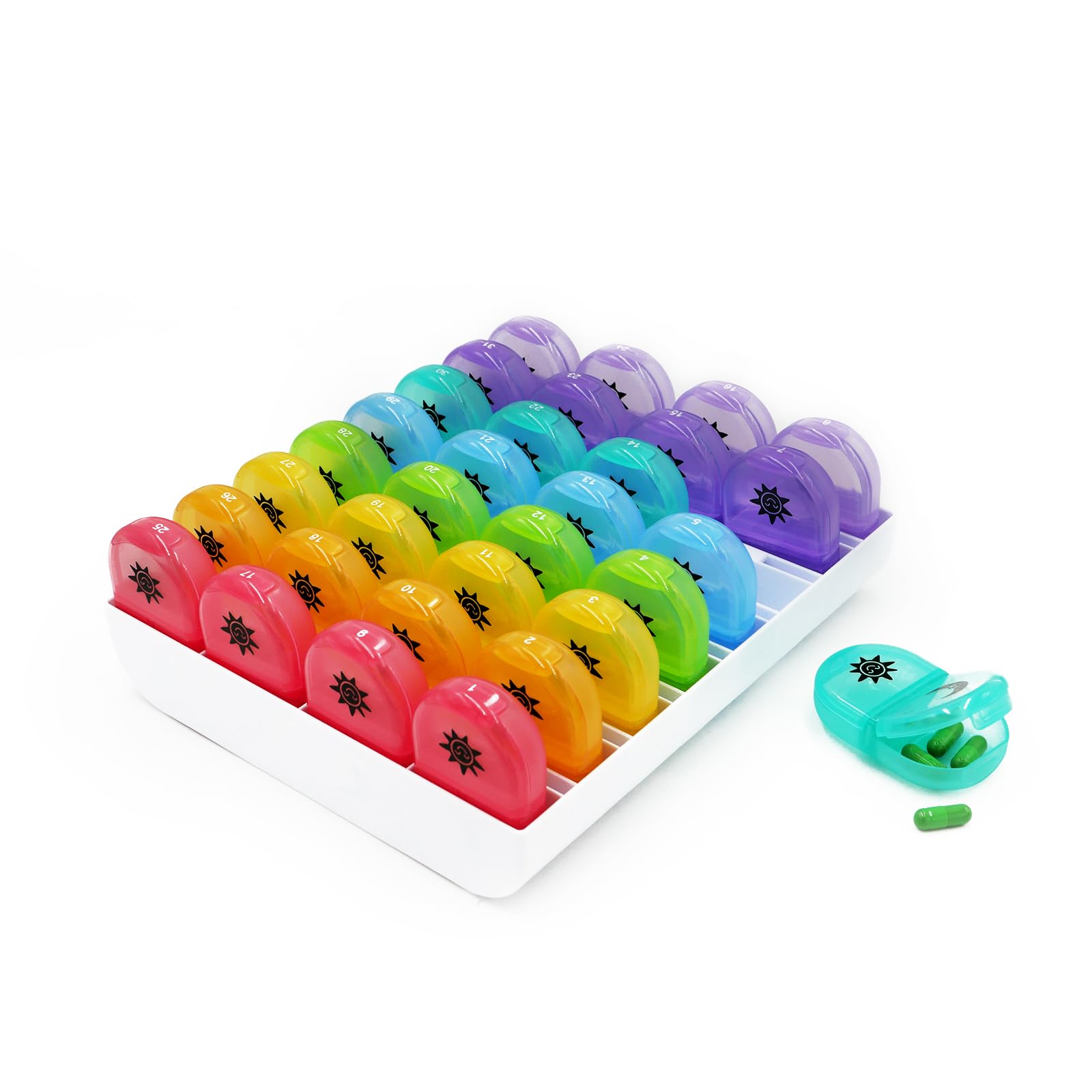 GIIYAA Monthly Pill Organizer Box - 31 Day AM/PM Daily Pill Case 32 Compartments, 2 Times a Day Pill Dispenser Container to Hold Vitamins, Supplements and Medication, 4 Week Pill Cases (Rainbow)