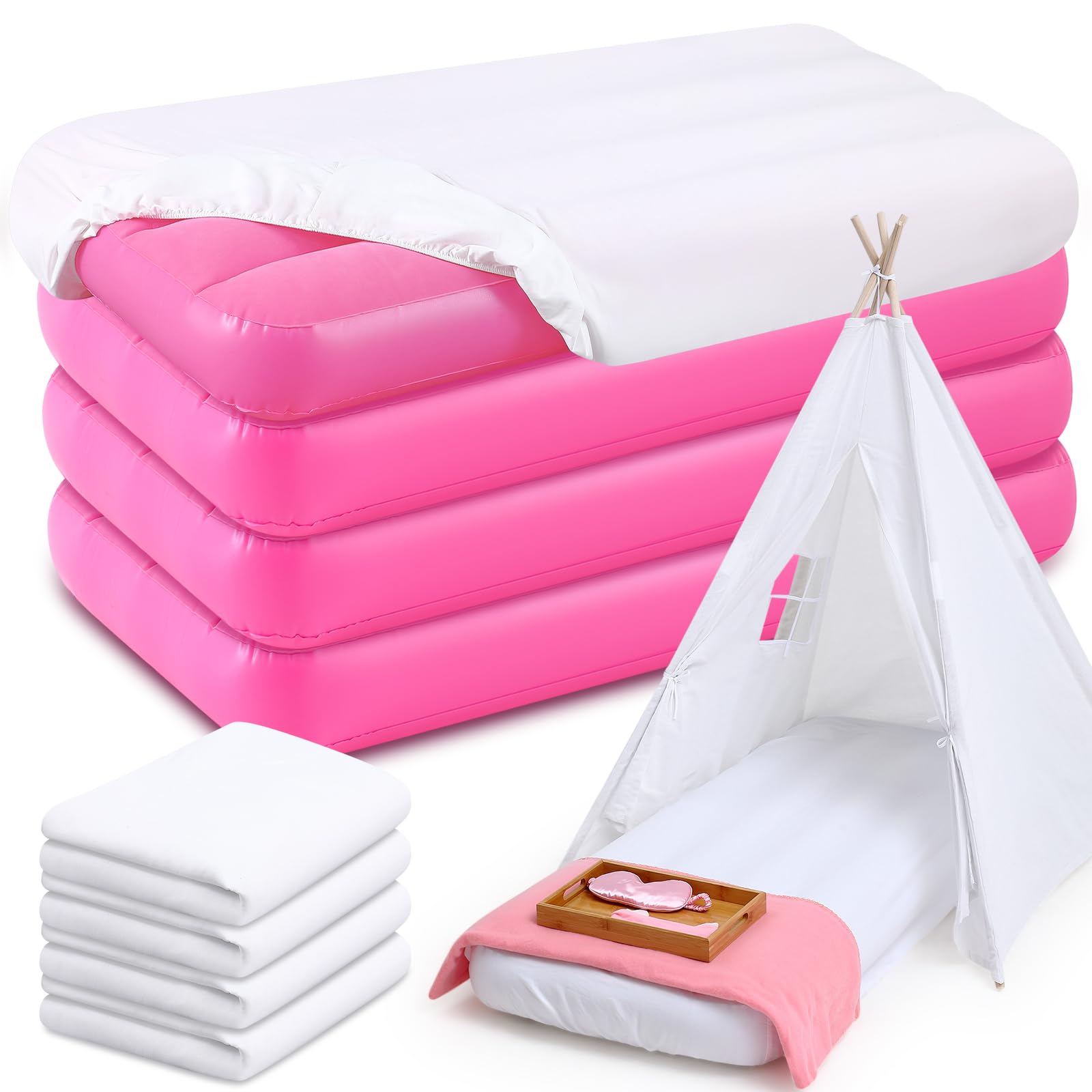 4 Pack Kids Air Mattress Bulk with White Fitted Sheet, Toddler Inflatable Bed Kid Inflatable Airbed 63 x 27 x 8 Inches Blow up Camping Sleeping Pad for Kids Aged 3-10 Years Old