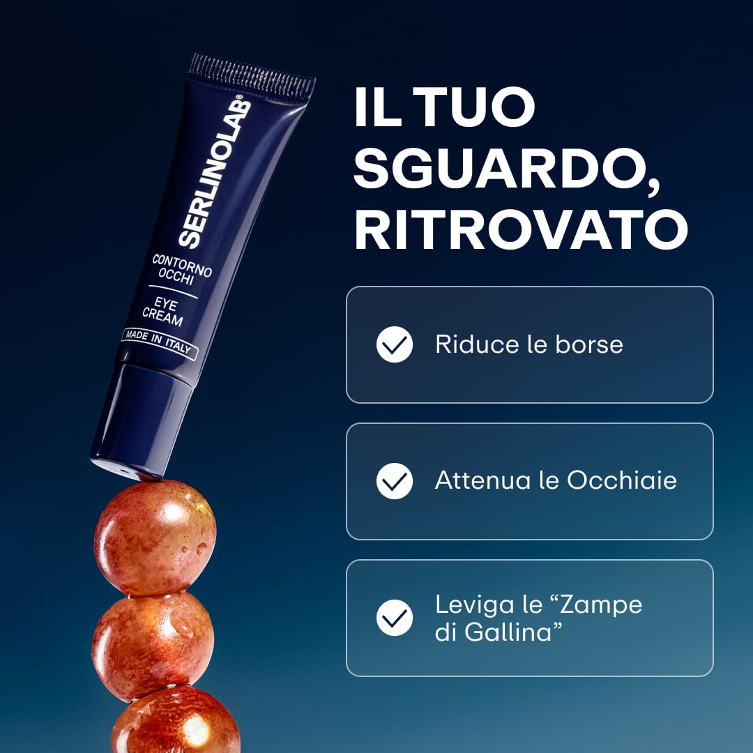 SERLINOLAB Contorno Occhi uomo,Crema Anti Borse, Occhiaie e Rughe con Acido Ialuronico, Caffeina e Argilerine, Trattamento Sguardo Fresco e Riposato, 15ml