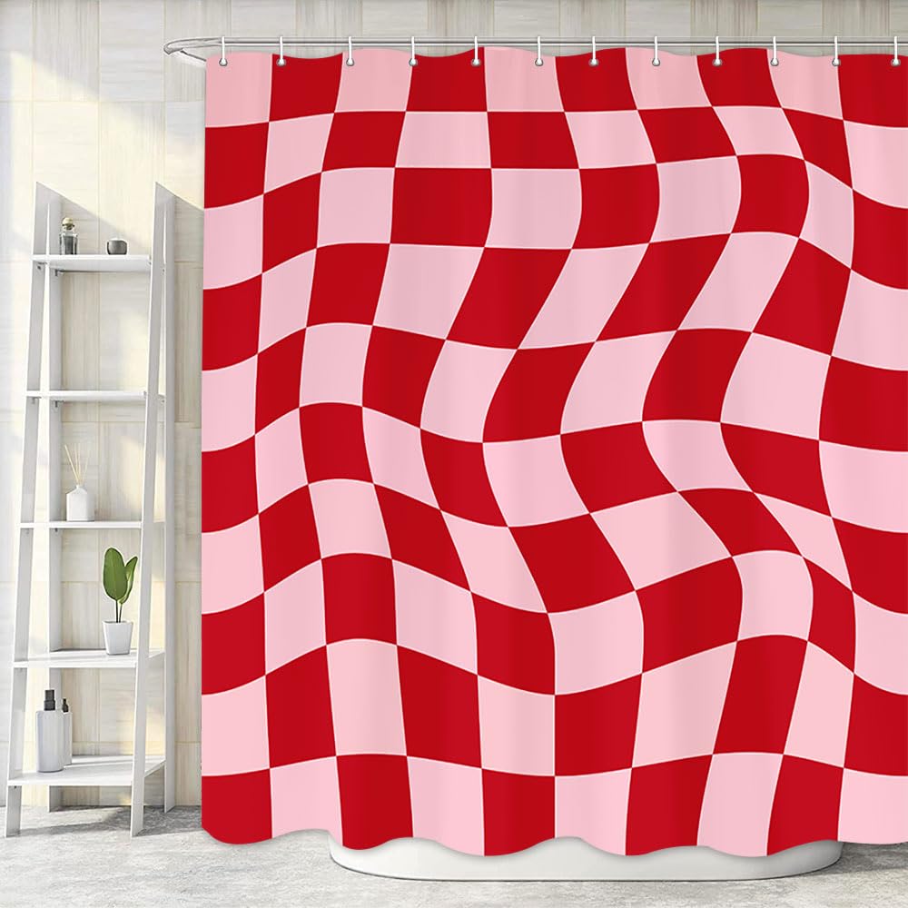 Mtsxfy Valentines Aesthetic 70S Abstract Wavy Swirl Shower Curtain, Cute Pink Red Checkerboard Bath Curtain, Retro Minimal Bathroom Accessories Groovy