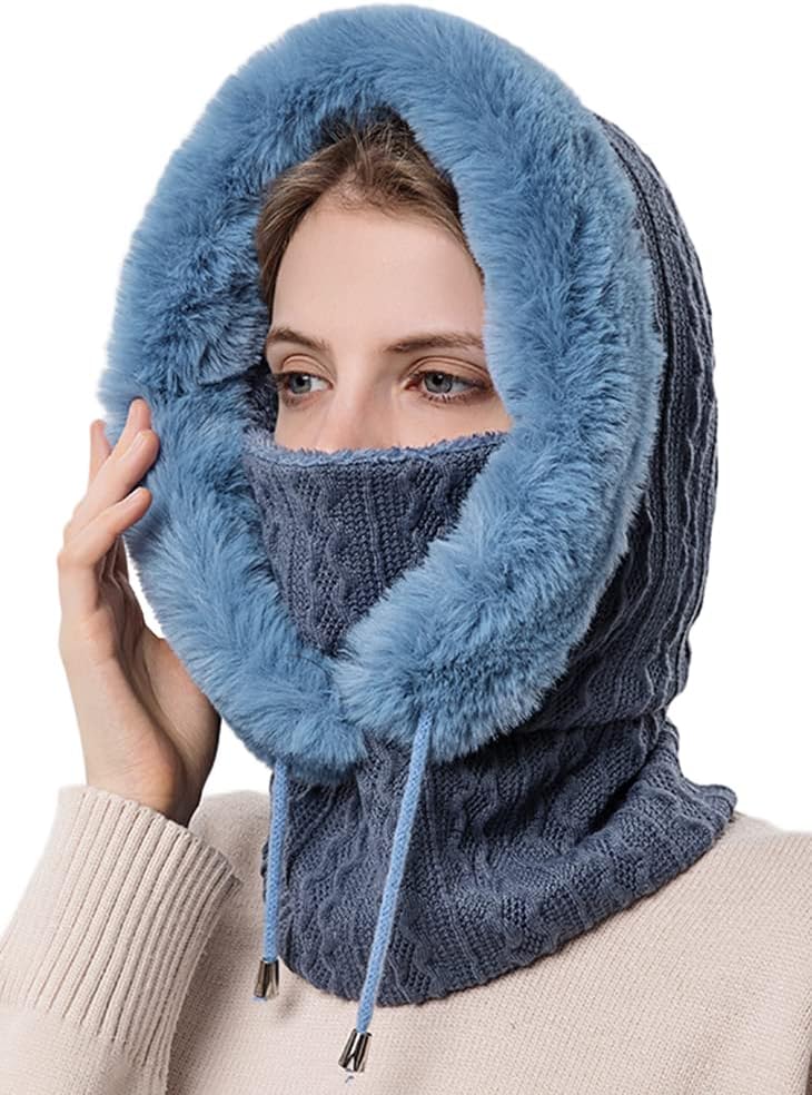 Women One Piece Slouchy Fleece Beanie Hats Scarf Mask Drawstring Warm Hooded Winter Balaclava Pullover Knitted Hat