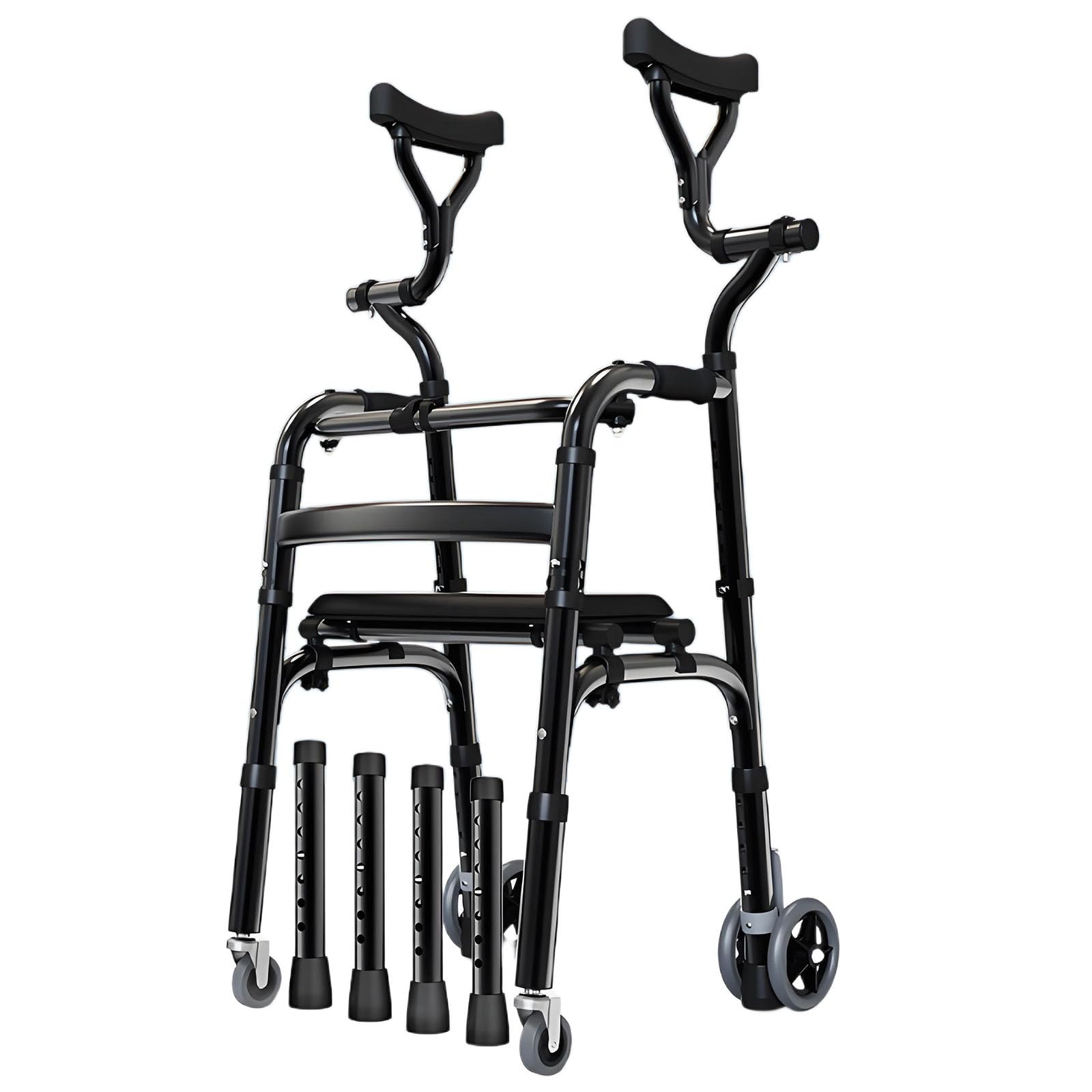 Andador plegable con ruedas y asiento para personas mayores, marco de aleación de aluminio ligero con soporte en las axilas para asistencia de movilidad