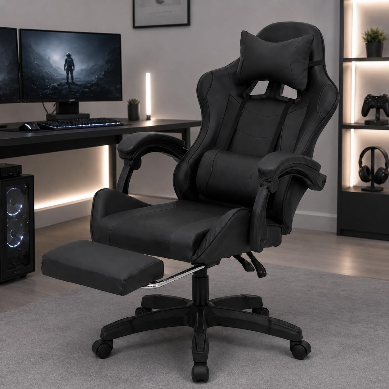 GARDENIA Poltrona Gaming Nera in Ecopelle, Sedia da Gaming Ergonomica con Seduta Imbottita, Schienale Reclinabile, Poggiapiedi Estraibile, Cuscino Lombare e Ruote in Nylon