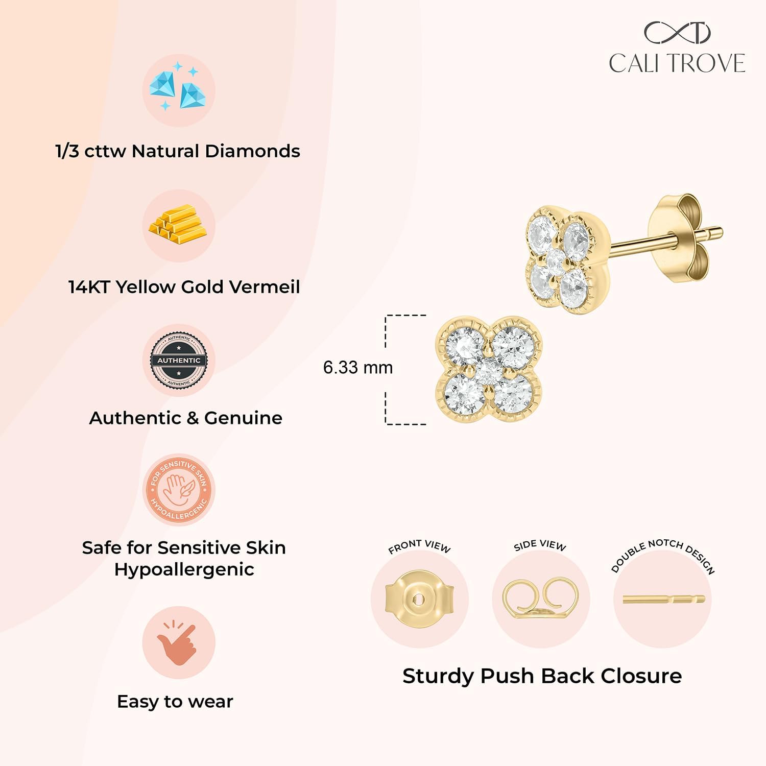 Cali Trove 1/3 ct Natural Diamond Clover Earrings for Women | Stud Earrings in 925 Sterling Silver and Gold Vermeil | Dainty Earring for Women | Silver Jewelry Gifts for Her