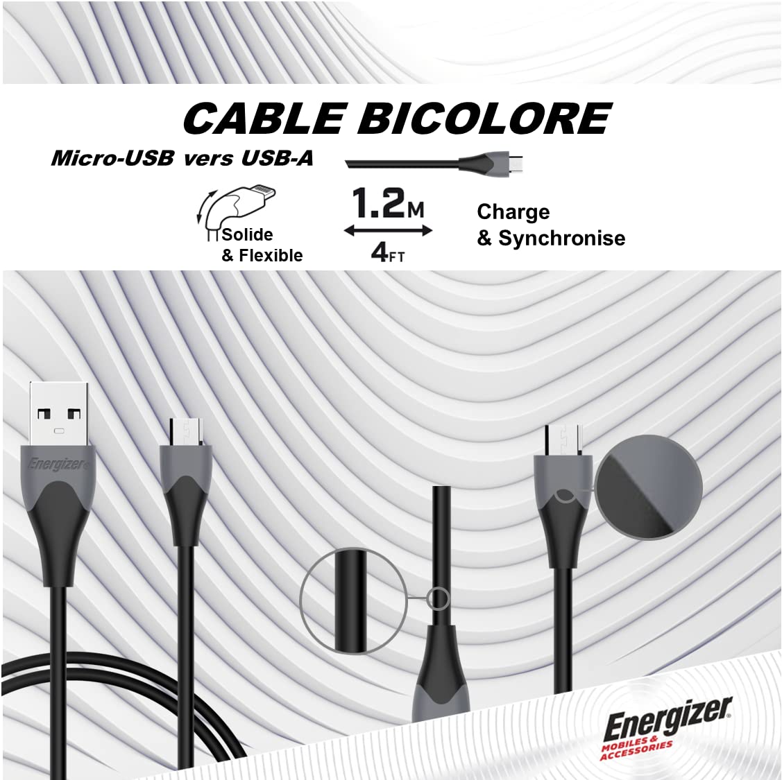 Image secondaire de Câble Micro-USB Energizer 1,2 m - Chargeur Rapide Noir pour Smartphones et Tablettes