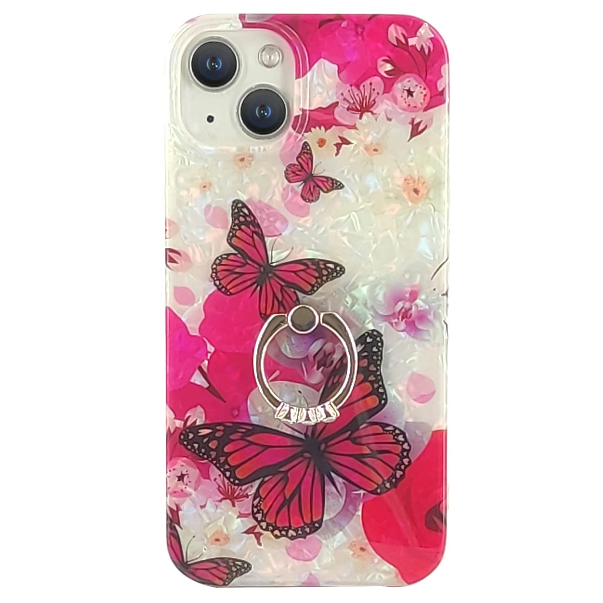 REWARSTA Compatible with iPhone 13 Case 6.1 inch Flower Case for Men Women Girls with 360 Degree Rotating Ring Kickstand Soft TPU Shockproof Cover Rose Butterfly