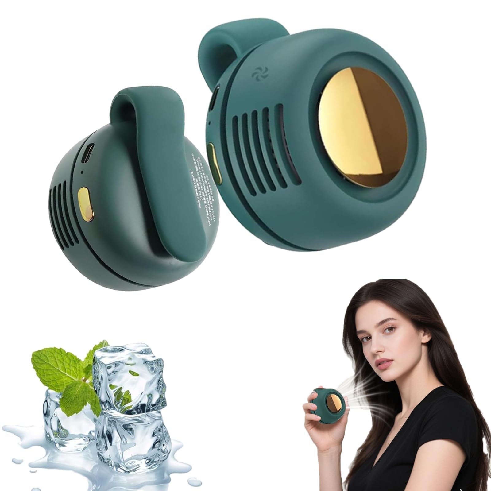 Small Portable Clip-On Fan – 3 Speeds Mini Bladeless Fan, Rechargeable and Silent for Office, Travel, Outdoor, Fits Shirt, Waist and Belt (Green)