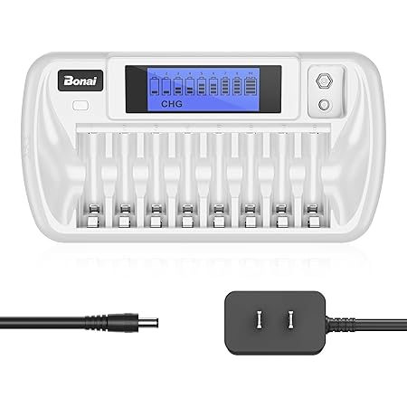 BONAI 8+1 Bay AA Battery Charger with LCD Display for Rechargeable AA/AAA NiMH/NiCd 9V Batteries