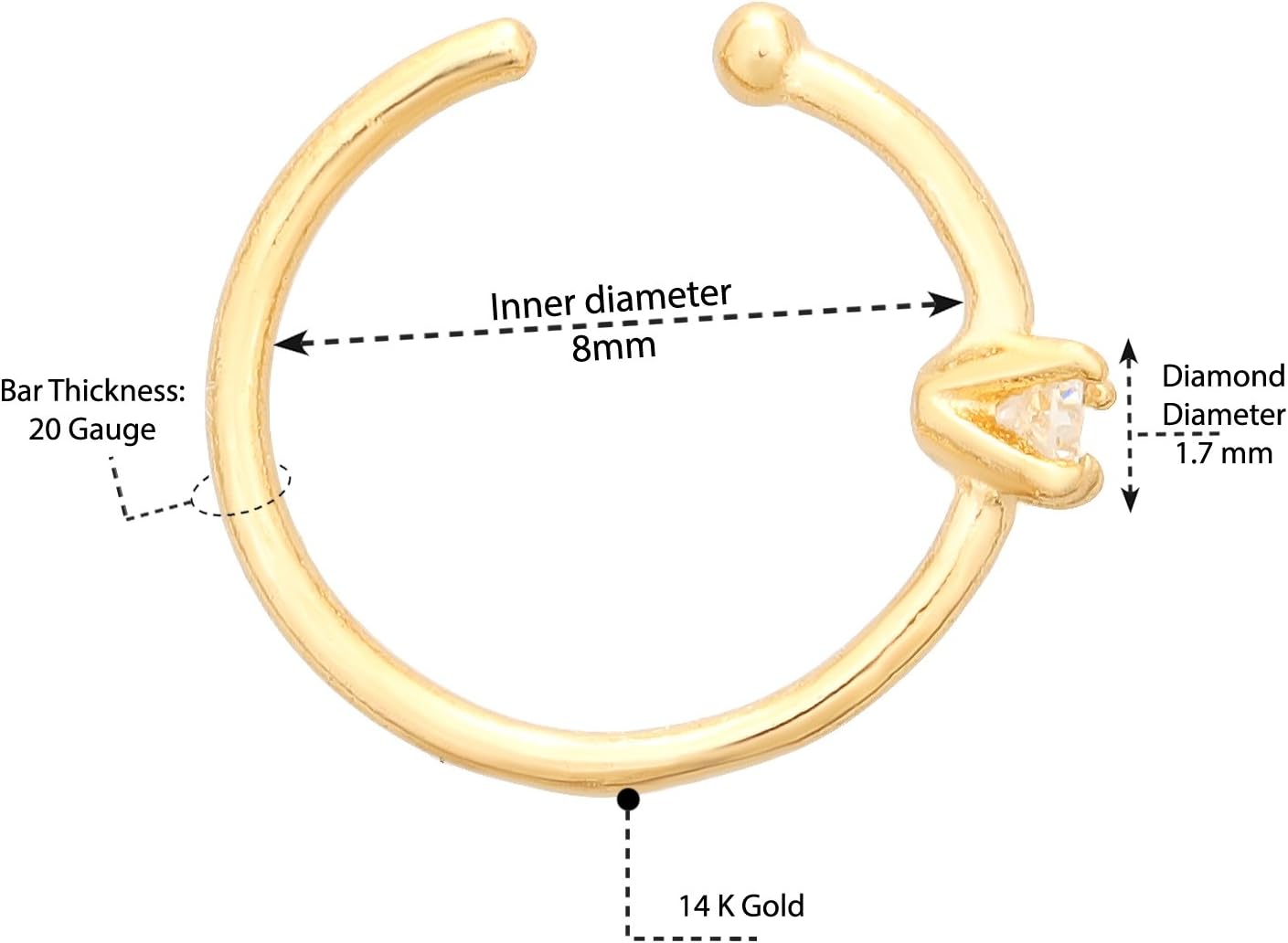 Lavari Jewelers 0.02 Carat Diamond Hoop Nose Ring for Women - 14k White or Yellow Gold 1.7 mm Nose Ring for Her - 20 Gauge Unisex Hypoallergenic Nostril Piercing Jewelry - 20G Body Piercing for Men
