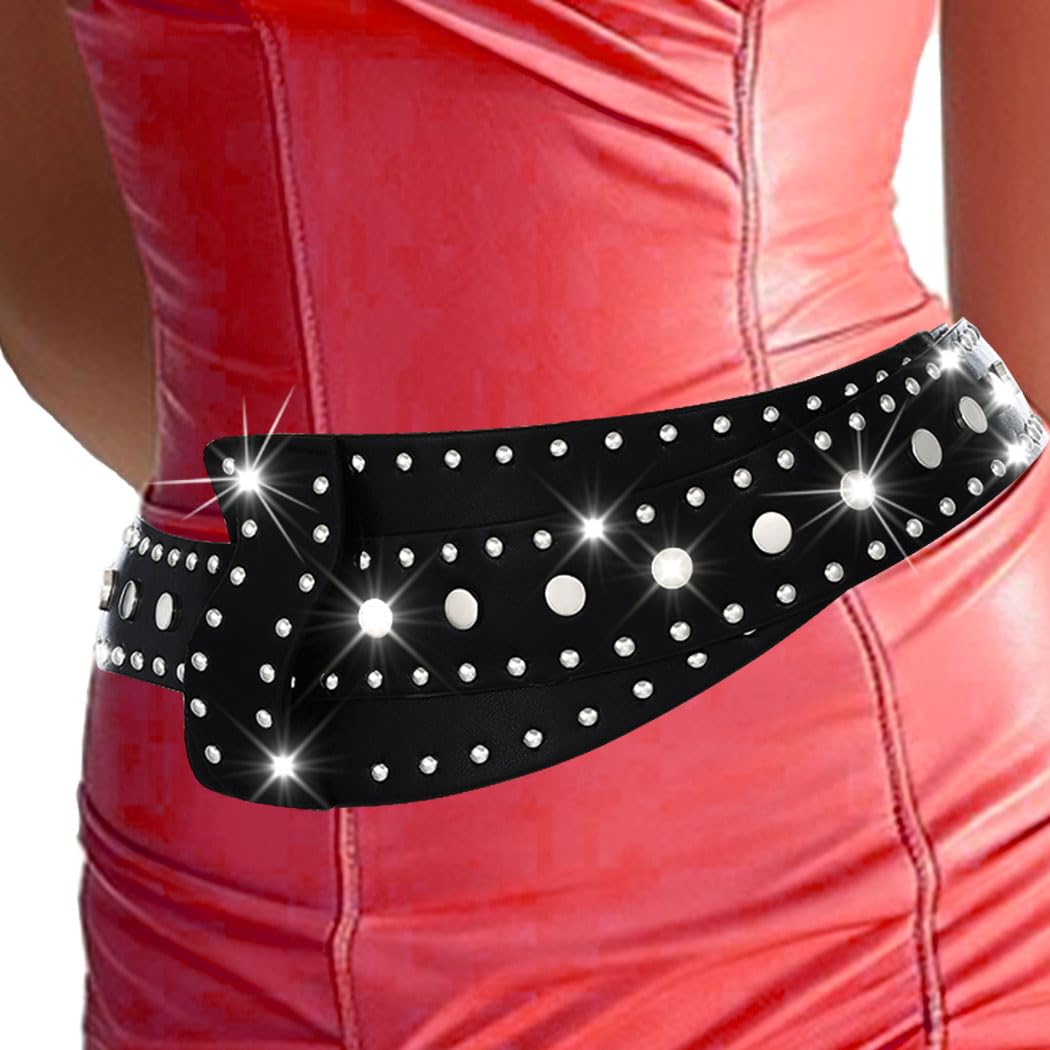 BODIY Rivets Wide Belts Black Punk Fashion Leather Belt Chunky Wide Waist Belt for Dresses Leather Accessories for Women