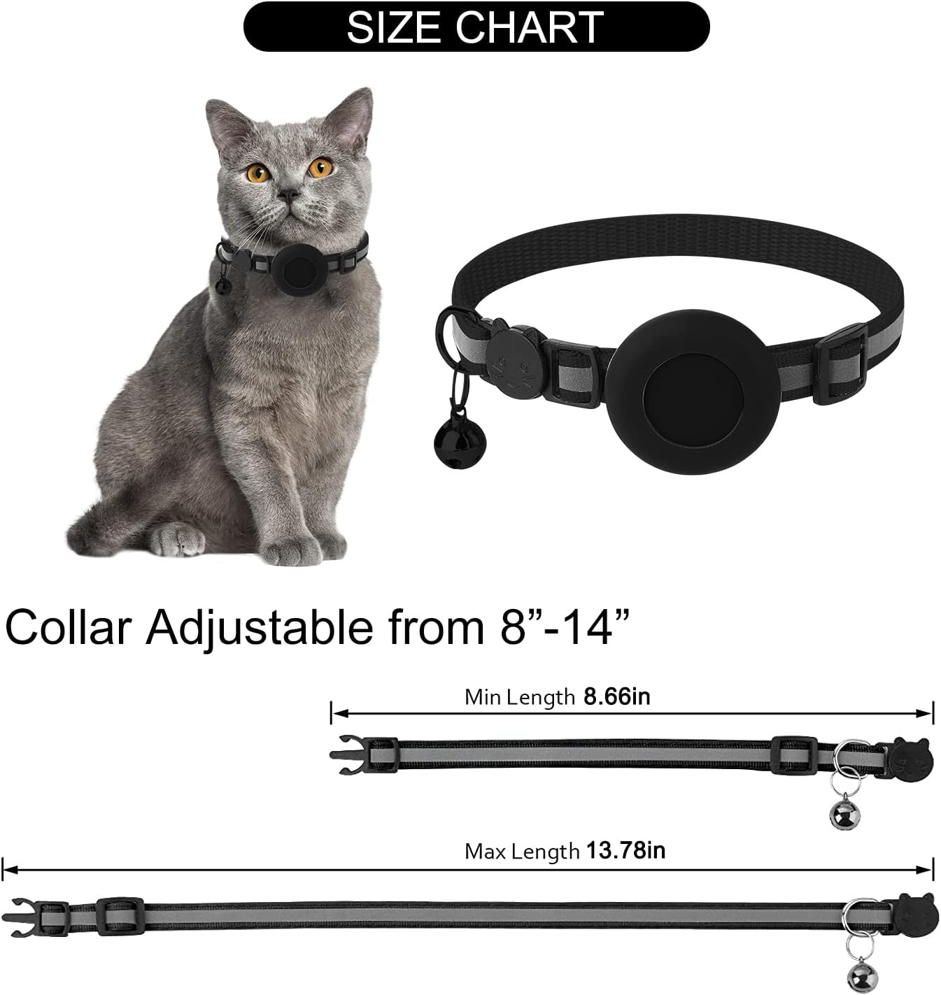 Airtag Cat Collar, Reflective Cat Collar with Bell, Adjustable Cat