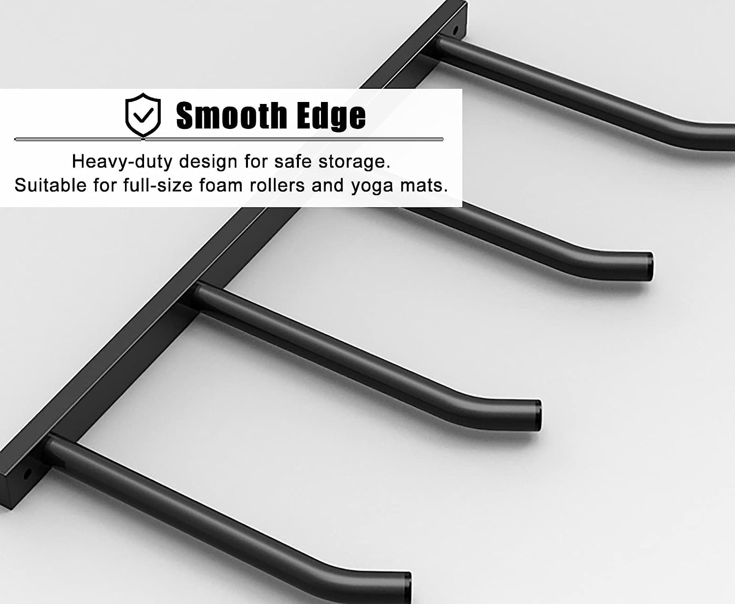 Heavy Du - Supporto da parete in metallo nero per casa e palestra, supporto per tappetino da yoga a 4 livelli, rullo in schiuma e bande di resi, soluzione salvaspazio per il fitness