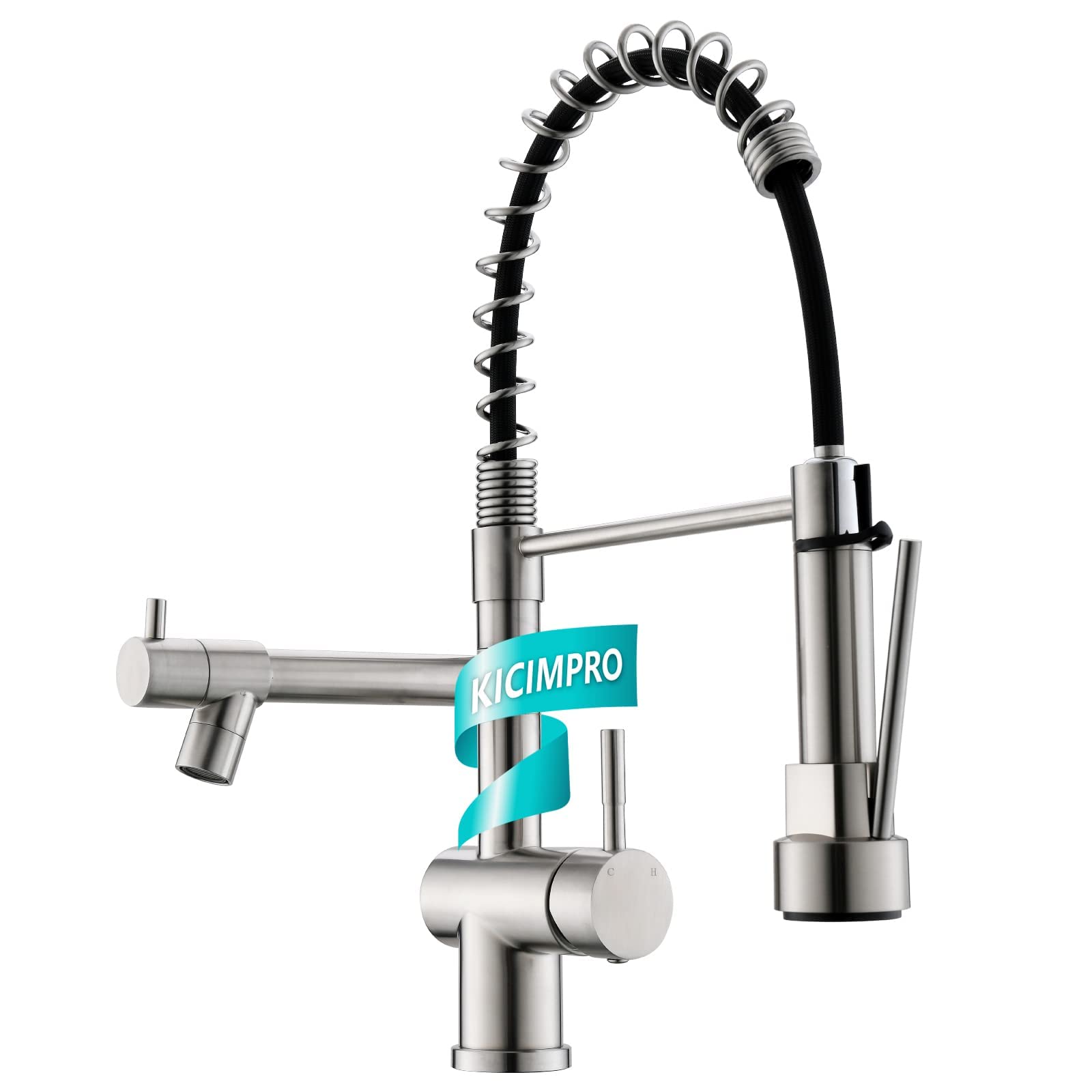 kicimproFaucet for Kitchen Sink, Commercial Kitchen Faucet with Pull Down Sprayer Brushed Nickel Spring Single Handle High Arc Stainless Steel Kitchen Sink Faucet 1 Hole Or 3 Hole Compatible