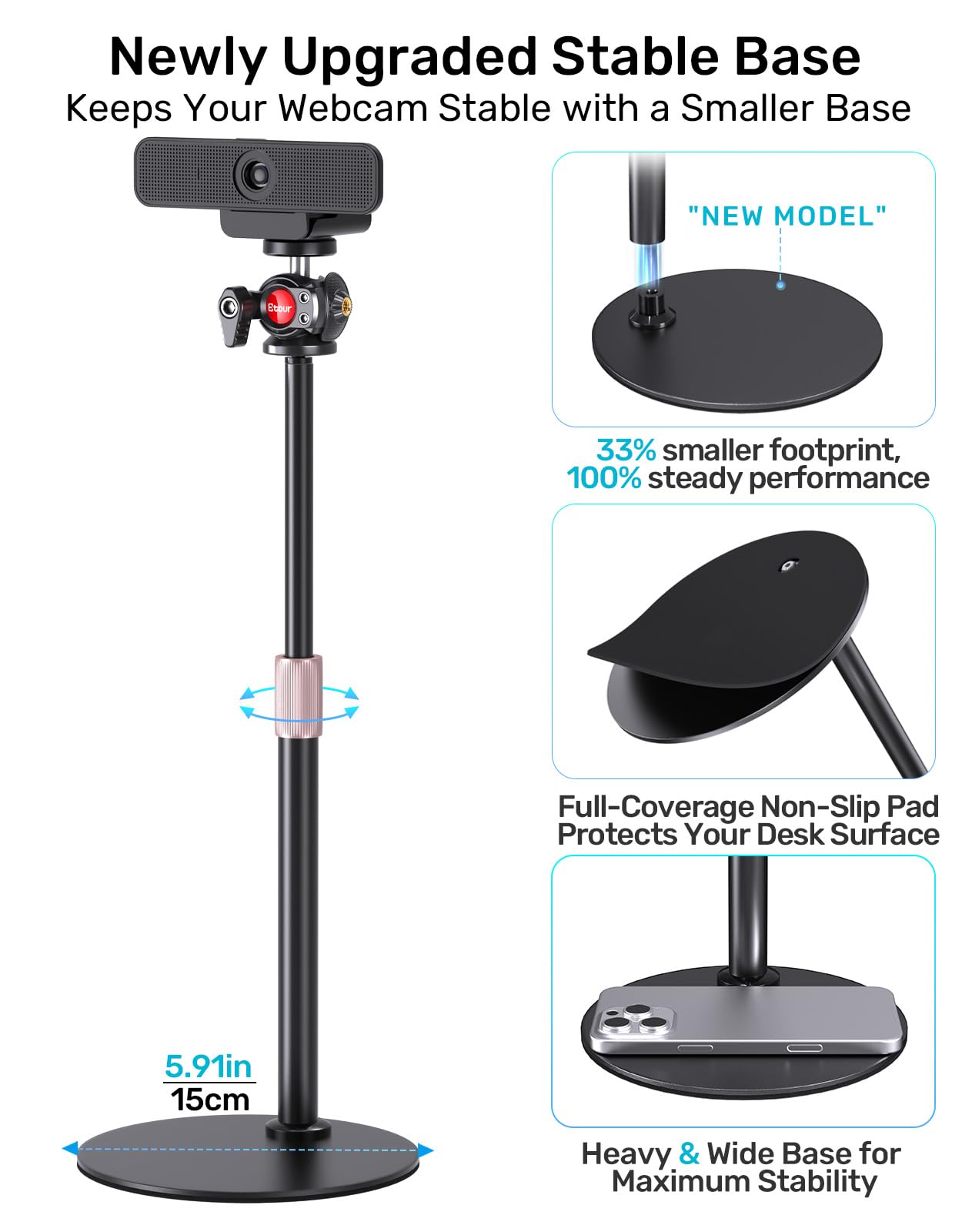 Support de webcam Logitech C920 C922 Brio 4K avec rotule 360°, base lourde réglable, filetage 6,35 mm