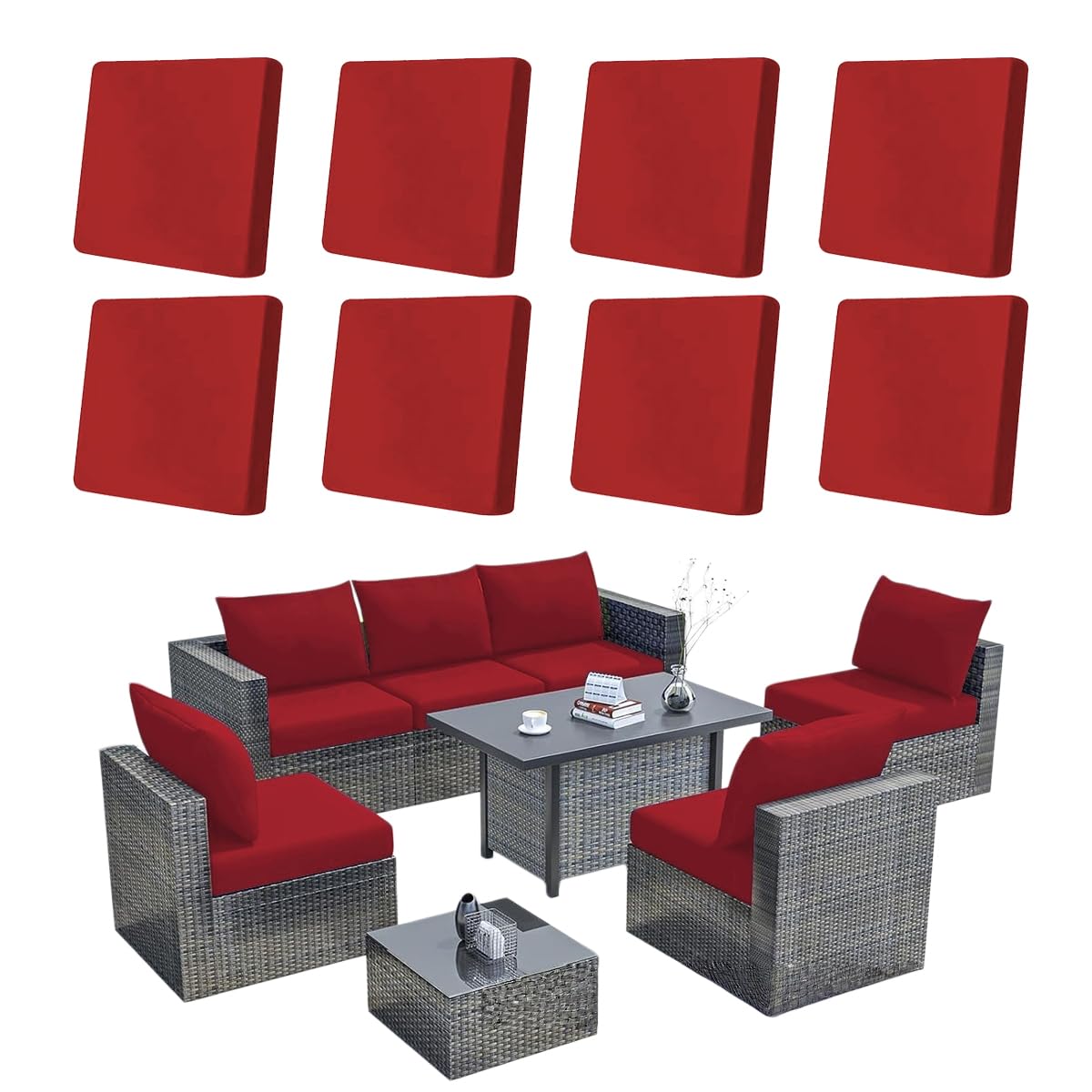 Hiseng 8/12/14 PCS Outdoor Cushion Covers Stretch Patio Cushion Covers Replacement Slipcovers Washable for Outdoor Sofa Cushions, Garden Furniture Set, Rattan Corner Sofa (Red,8 PCS)