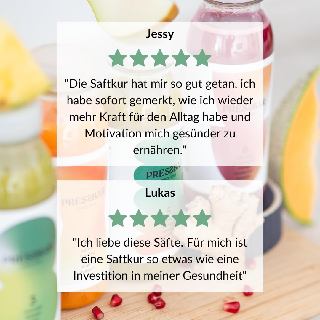 PRESSBAR Saftkur CLASSIC 7 Tage - 42 Säfte (330ml) kaltgepresst - Fastenkur - iPhone und Android App und Booklet zur Begleitung der Kur - Aus 100% Obst & Gemüse - inkl. 10,50€ Pfand