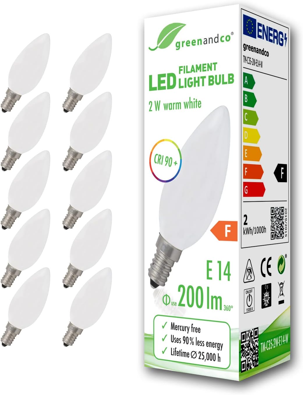 greenandco® CRI 90+ E14 LED Filament Candle Frosted 2W Replaces 20W 200lm 2700K Warm White 360° 230V, no Flicker, not dimmable, 10-Pack [Energy Class F]