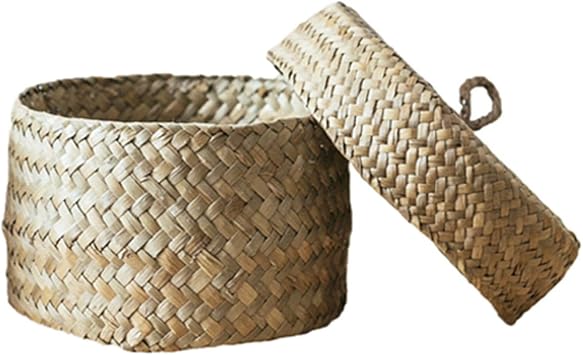 Small Round Seagrass Storage Baskets, Hand Woven Small Circular Woven Shelf Organizer Box with Lid, Reusable Decorative Nesting Baskets for Snacks, GiftPackaging Closets, Kitchens, Shelves
