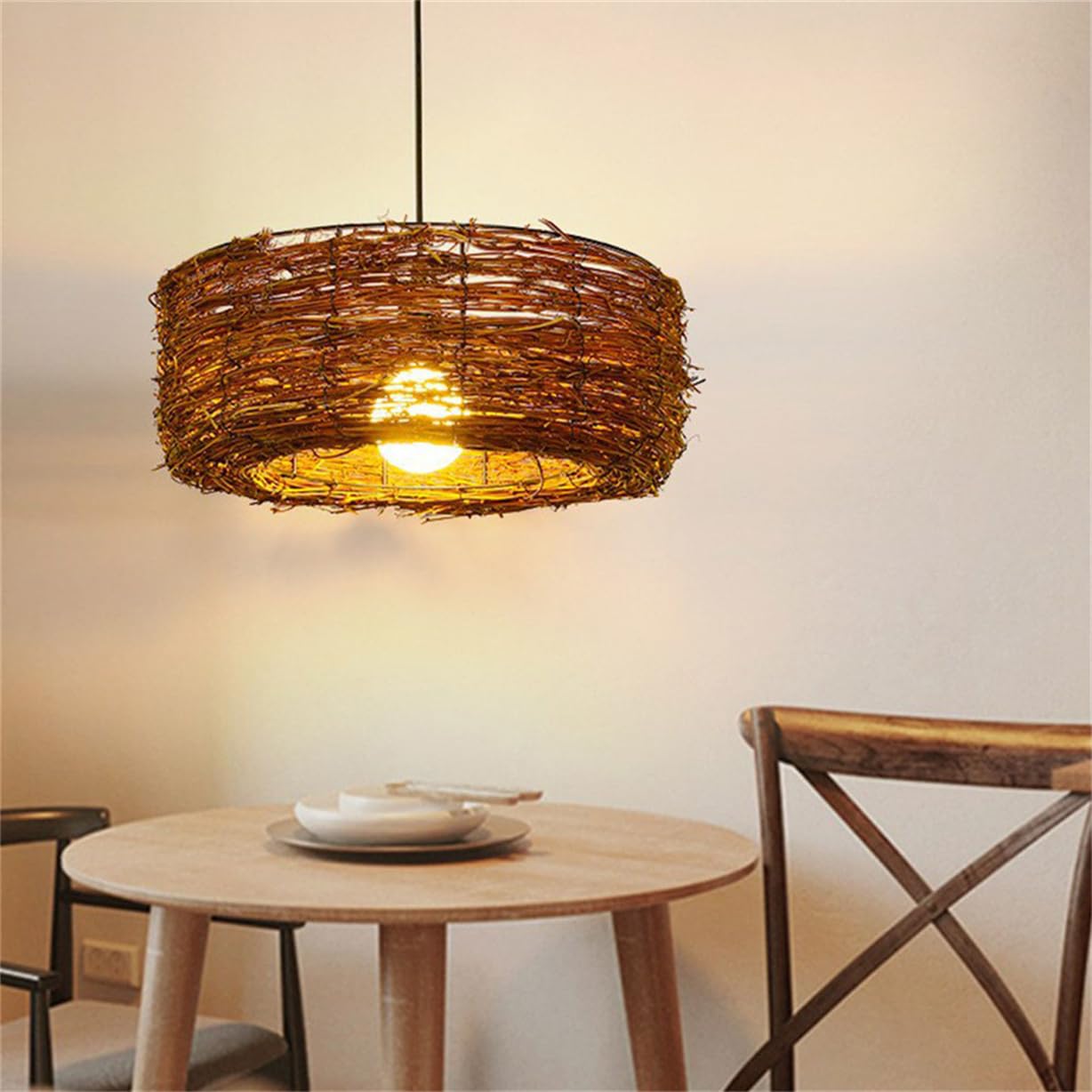 Lampadario A Sospensione Creativo A Forma Di Nido D'uccello In Rattan Intrecciato Con Struttura In Metallo, Lampadario Moderno Vintage In Stile Industriale, Lanterna A Cestino In Vimini