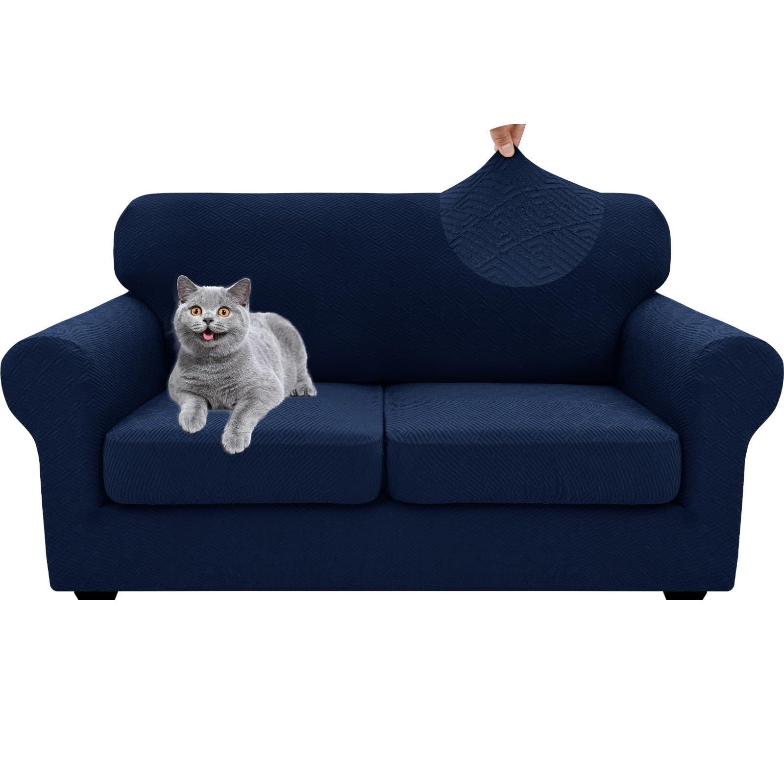 BUAOGDVG 2 Seater Sofa Cover with Armrests, Universal with Separate Cushions, Elastic Non-Slip(Navy,2 Posti)