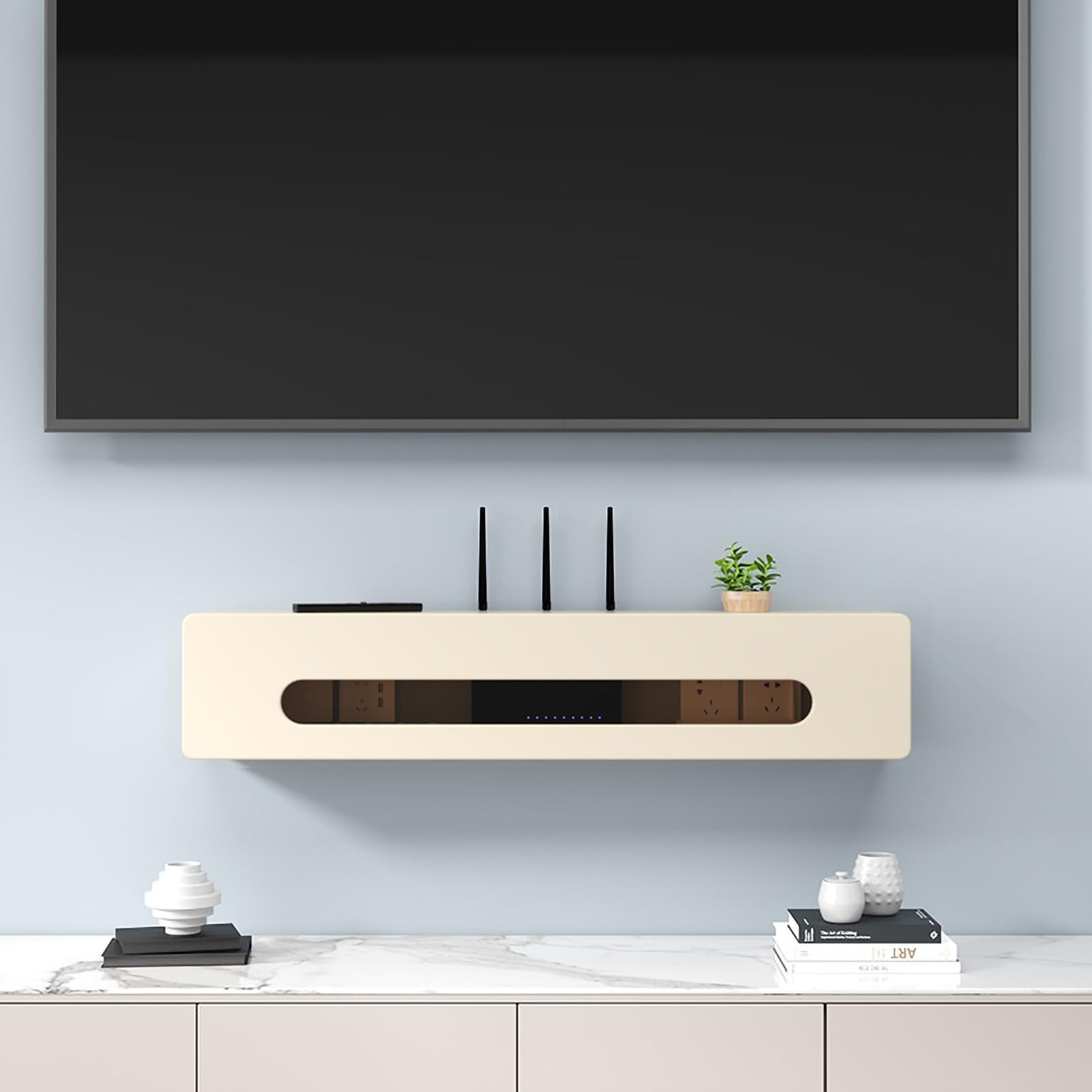 Armoire de rangement murale pour routeur WiFi – Modem et multiprise – Cache de gestion des câbles pour la maison et le bureau – Pas de montage nécessaire Beige 70 cm