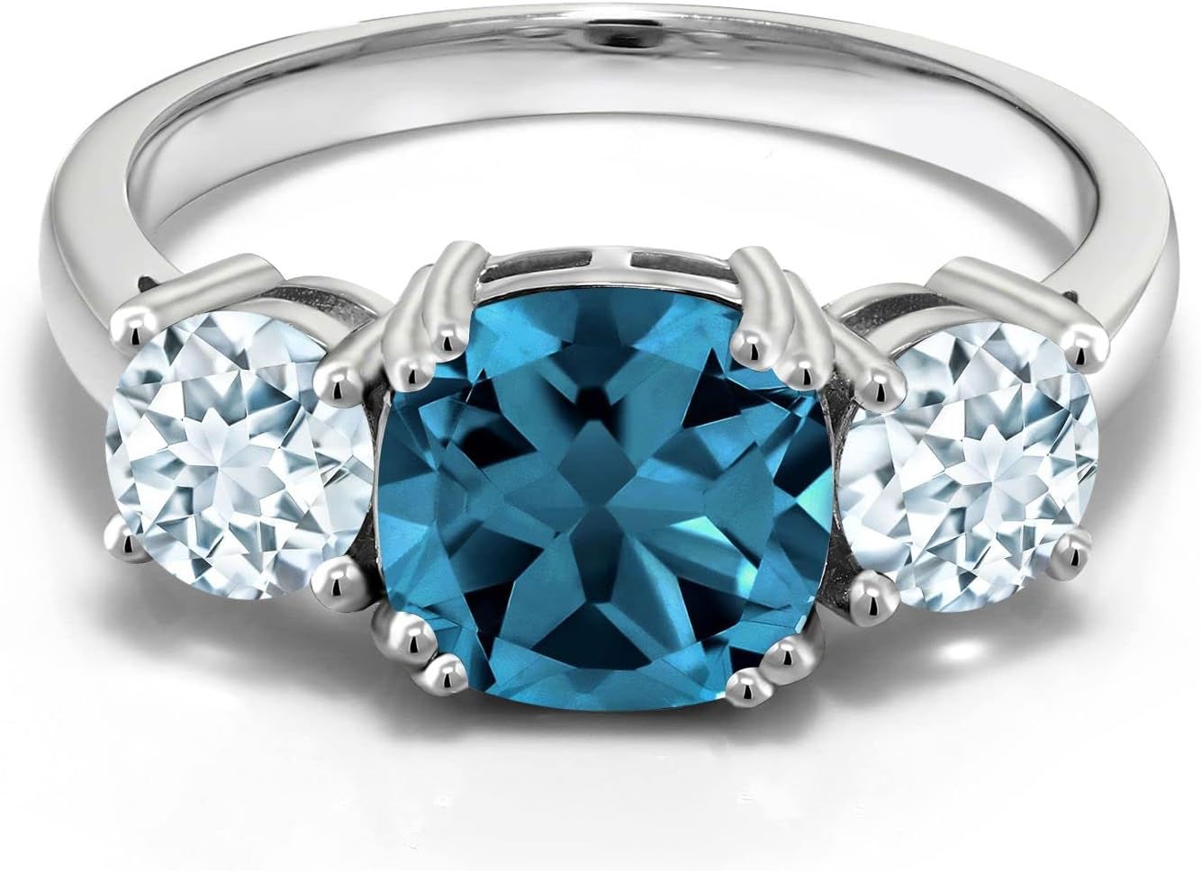 Gem Stone King 925 Sterling Silver London Blue Topaz and Sky Blue Aquamarine 3 Stone Engagement Ring For Women (3.54 Cttw, Gemstone November Birthstone, Cushion 8MM)