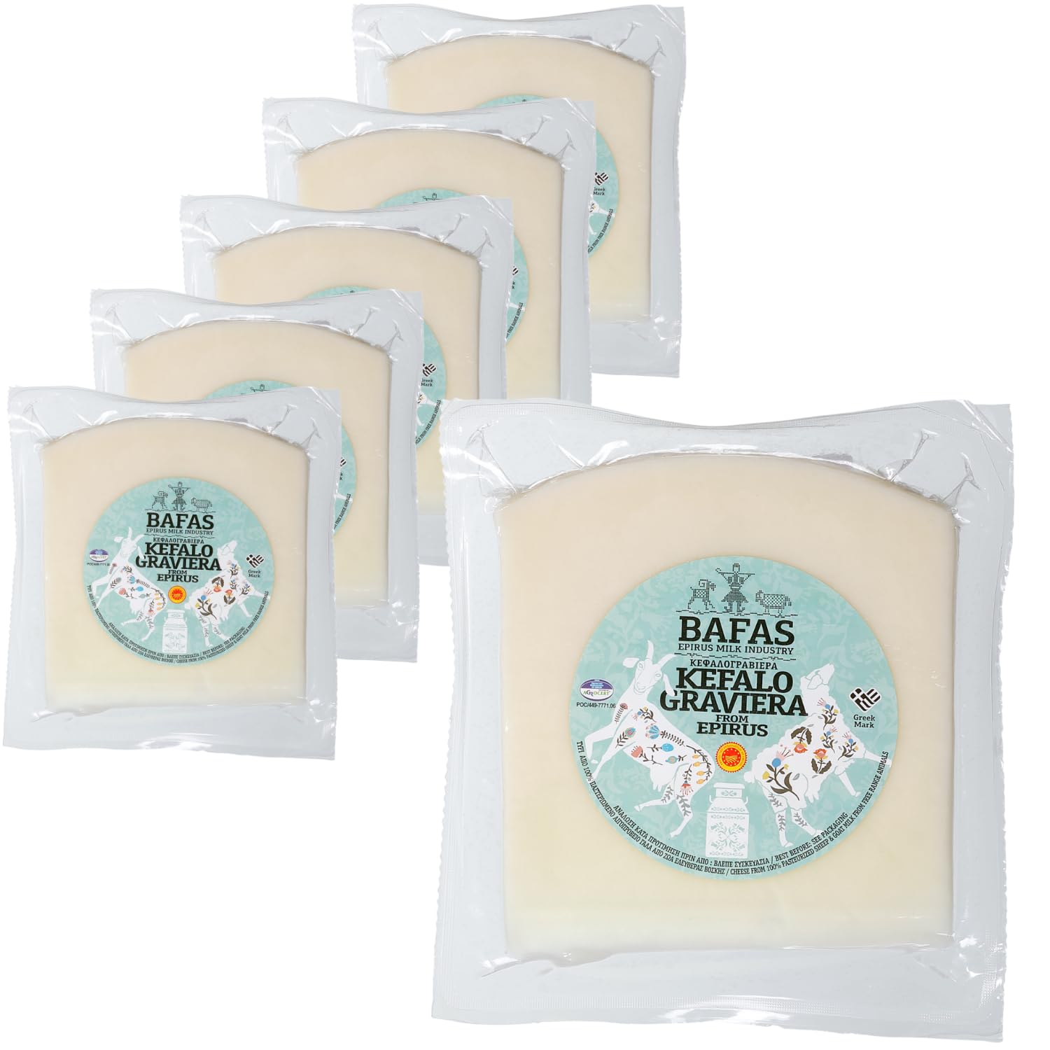 Bafas Kefalograviera P.D.O. Hartkäse - 6x 300g Packung - Griechischer Käse aus Schafs- und Ziegenmilch - geschützte Herkunft aus Epirus - inkl. 20ml Jassas Olivenöl