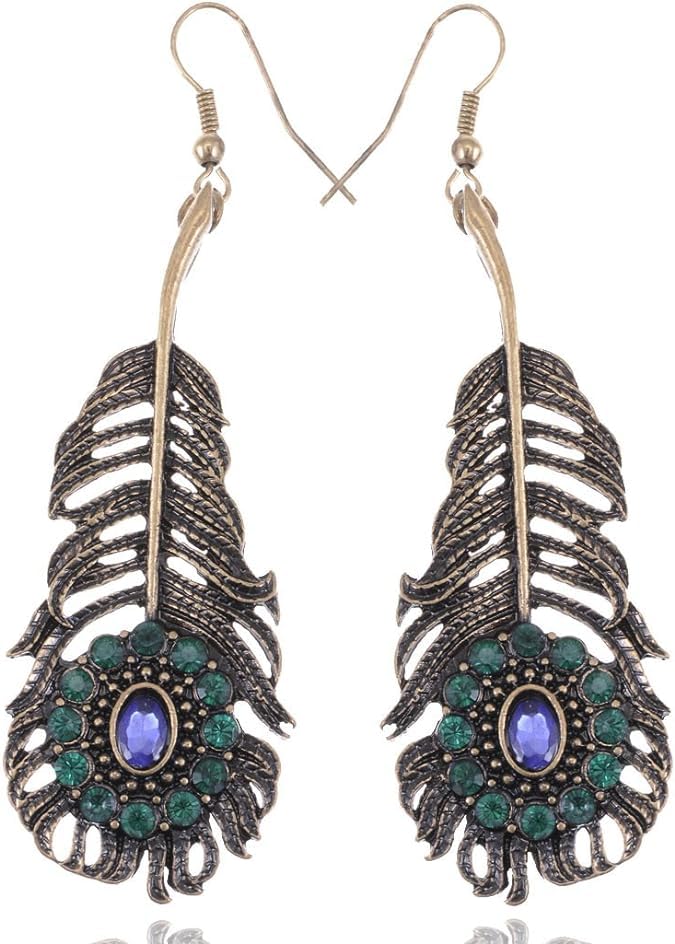 El Regalo Peacock Feather Hook Earrings in Antique Bronze Tone- Rhinestone Vintage Metallic Peacock Feather Earrings for Girls & Women (B0CXM813XB) Amazon Price History, Amazon Price Tracker