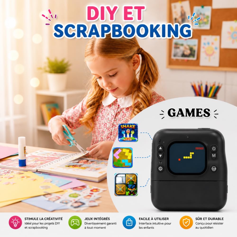Appareil Photo Instantané Enfant, 2'' Écran HD Impression Immédiate sans Encre avec 4 Rouleaux d'impression Jeux Intégrés et Dessins Cadeau Enfants & Ados 3 à 12 Ans (Noir)