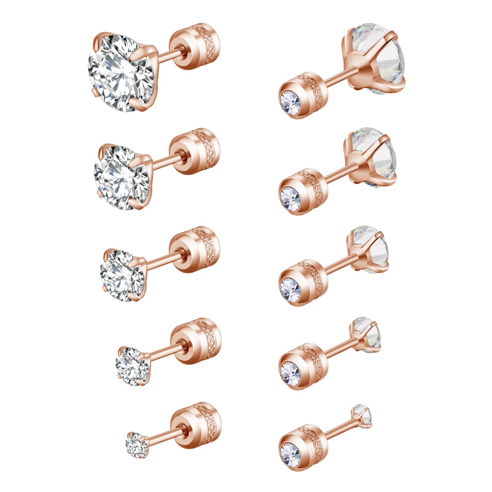 lasidor5 Pairs Stud Earrings Colorful Cubic Zirconia Stainless Steel Stud Earring Hypoallergenic Screw Back Earrings Double Side Piercing Earrings Gifts for Women Mother's Day