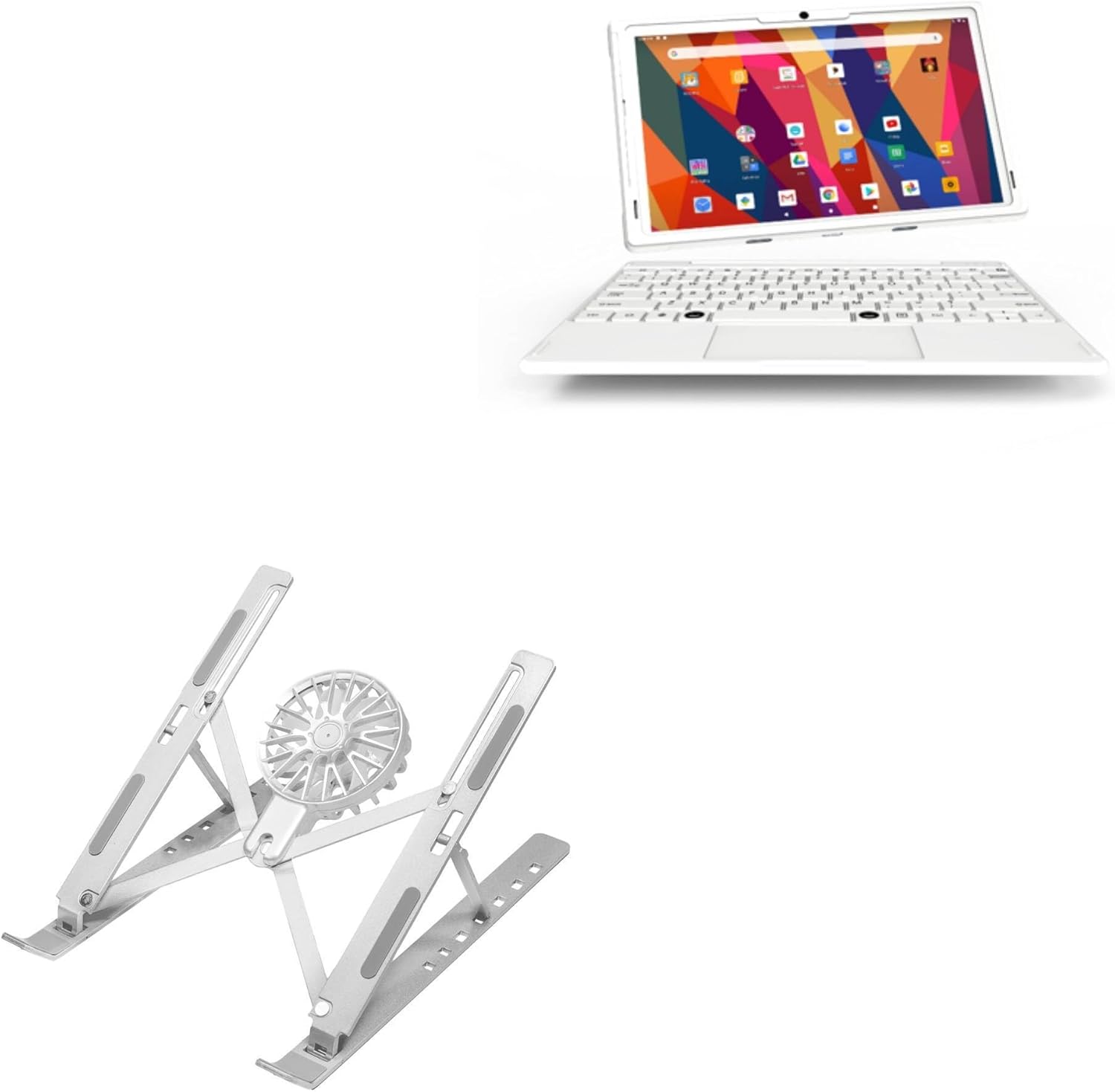 BoxWave Stand and Mount Compatible with Tanoshi Scholar - QuickSwitch Stand with Cooling Fan, Portable, Multi Angle Viewing Ventilator - Metallic Silver