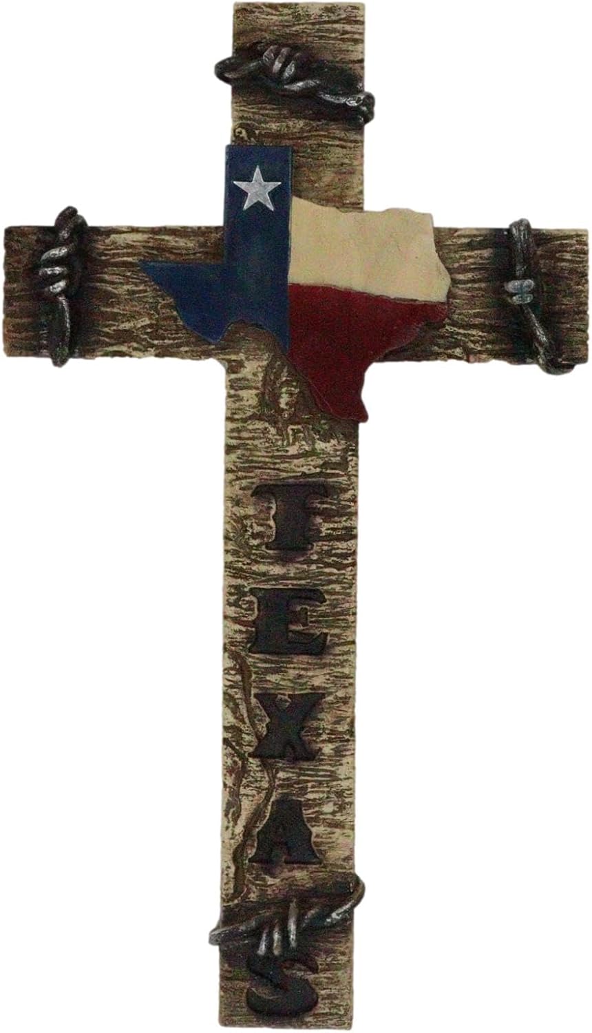 Ebros Gift Rustic Western Lone Star Texas State Flag Barbed Wires With Word Art Wall Cross Decor Plaque Faux Wooden Finish Christian Catholic Decorative Accent Crosses